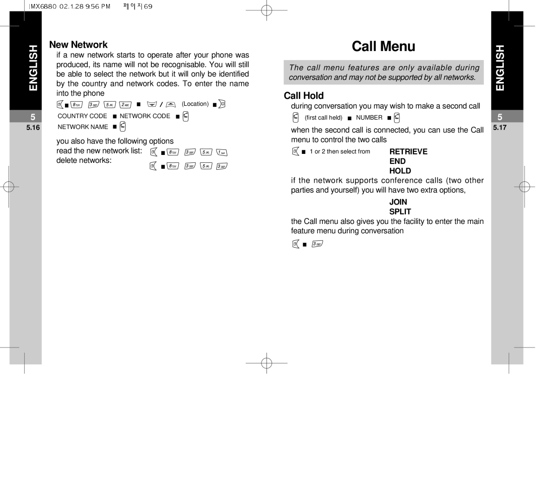 Maxon Telecom MX-6880 dimensions Call Menu, New Network, Call Hold, During conversation you may wish to make a second call 