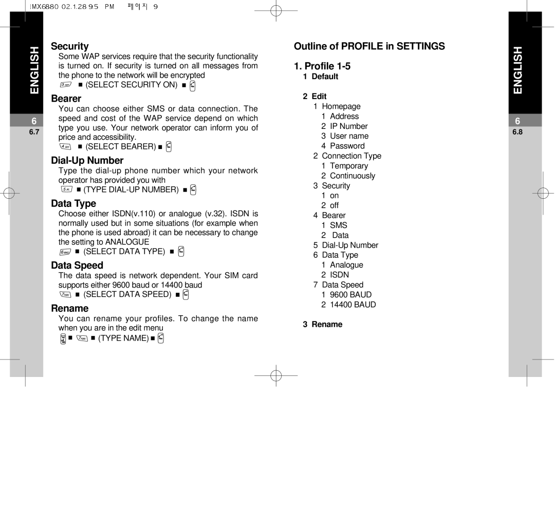 Maxon Telecom MX-6880 dimensions Bearer, Outline of Profile in Settings, Dial-Up Number, Data Type, Data Speed, Rename 