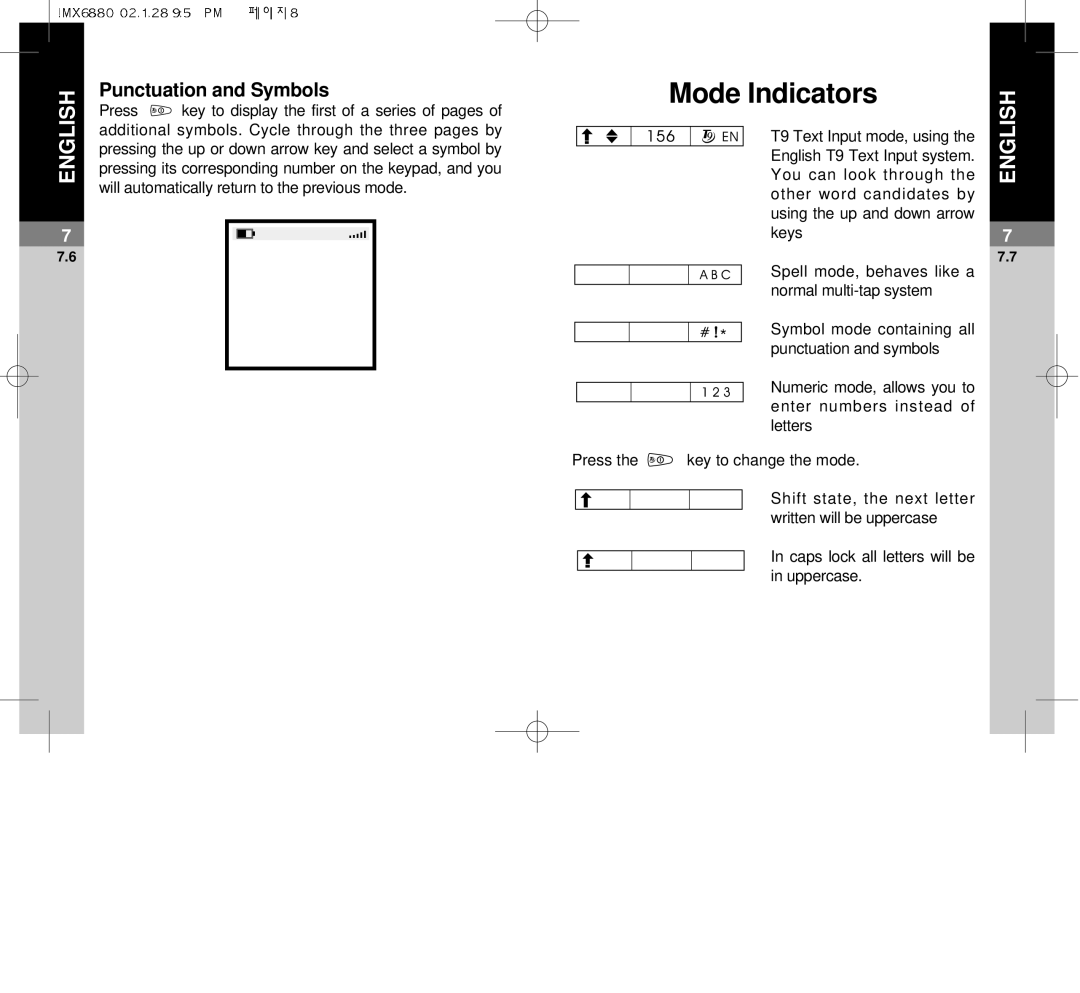 Maxon Telecom MX-6880 dimensions Mode Indicators, Punctuation and Symbols 