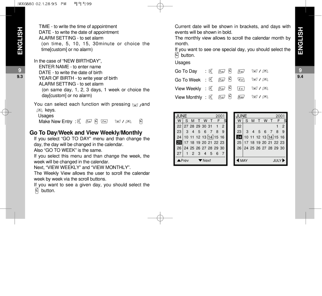 Maxon Telecom MX-6880 dimensions Go To Day/Week and View Weekly/Monthly, June 