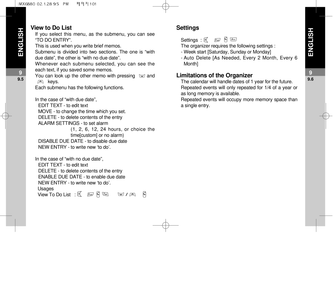 Maxon Telecom MX-6880 dimensions View to Do List, Settings, Limitations of the Organizer, To do Entry 