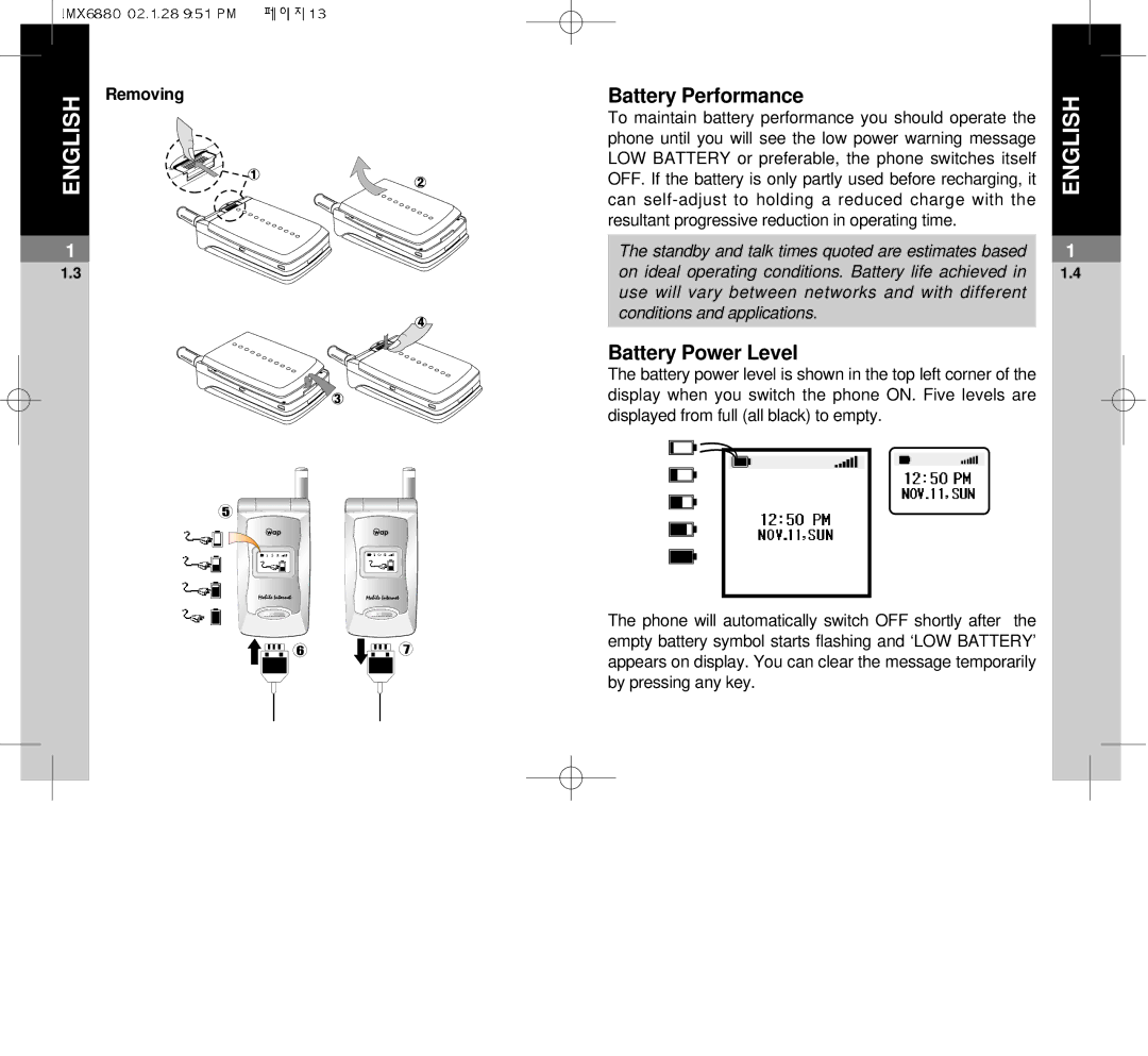 Maxon Telecom MX-6880 dimensions Battery Performance, Battery Power Level, Removing 