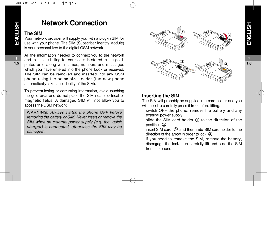 Maxon Telecom MX-6880 dimensions Network Connection, Sim, Inserting the SIM 