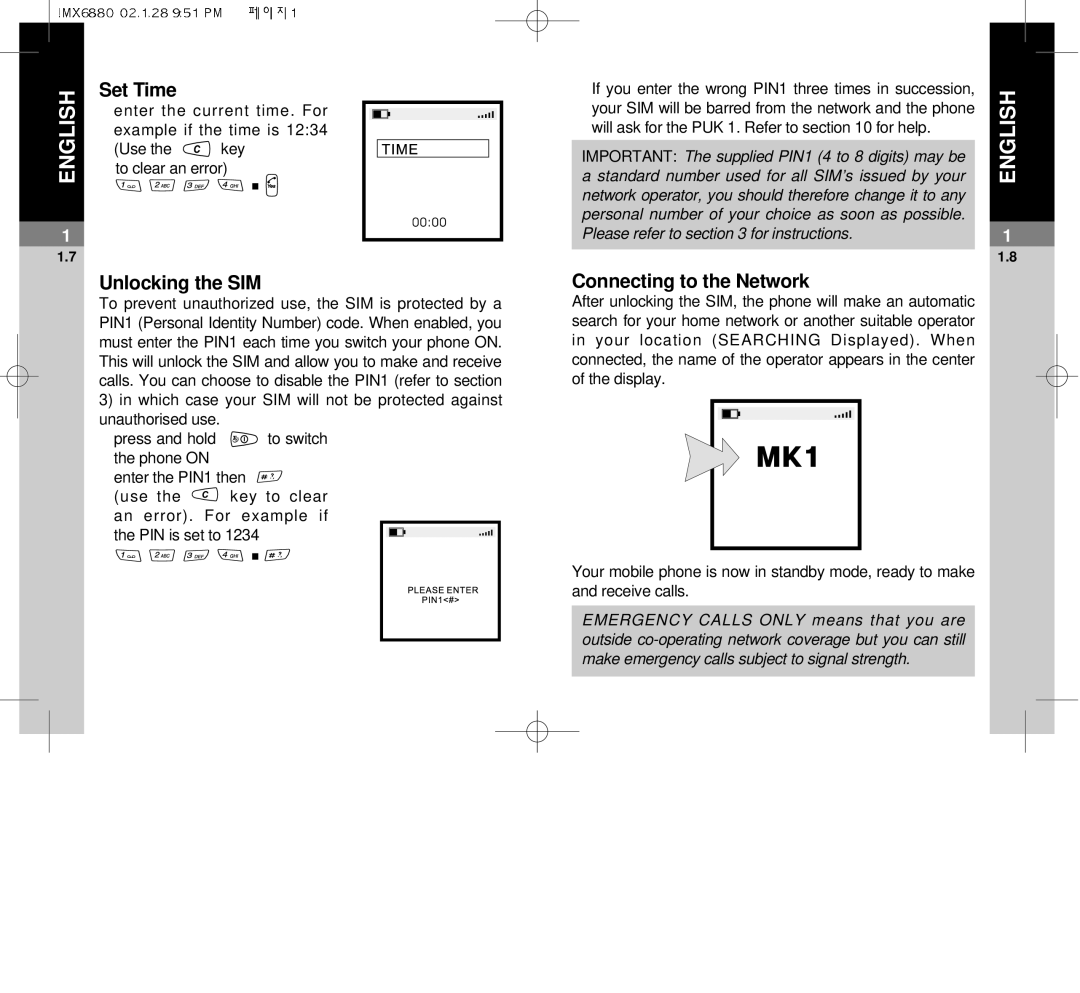 Maxon Telecom MX-6880 dimensions Set Time, Unlocking the SIM, Connecting to the Network 