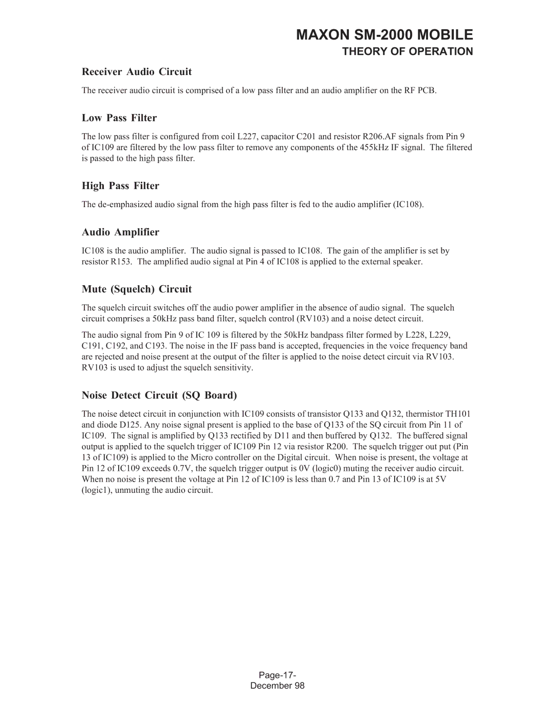 Maxon Telecom SM-2000 Receiver Audio Circuit, Low Pass Filter, Audio Amplifier, Noise Detect Circuit SQ Board 