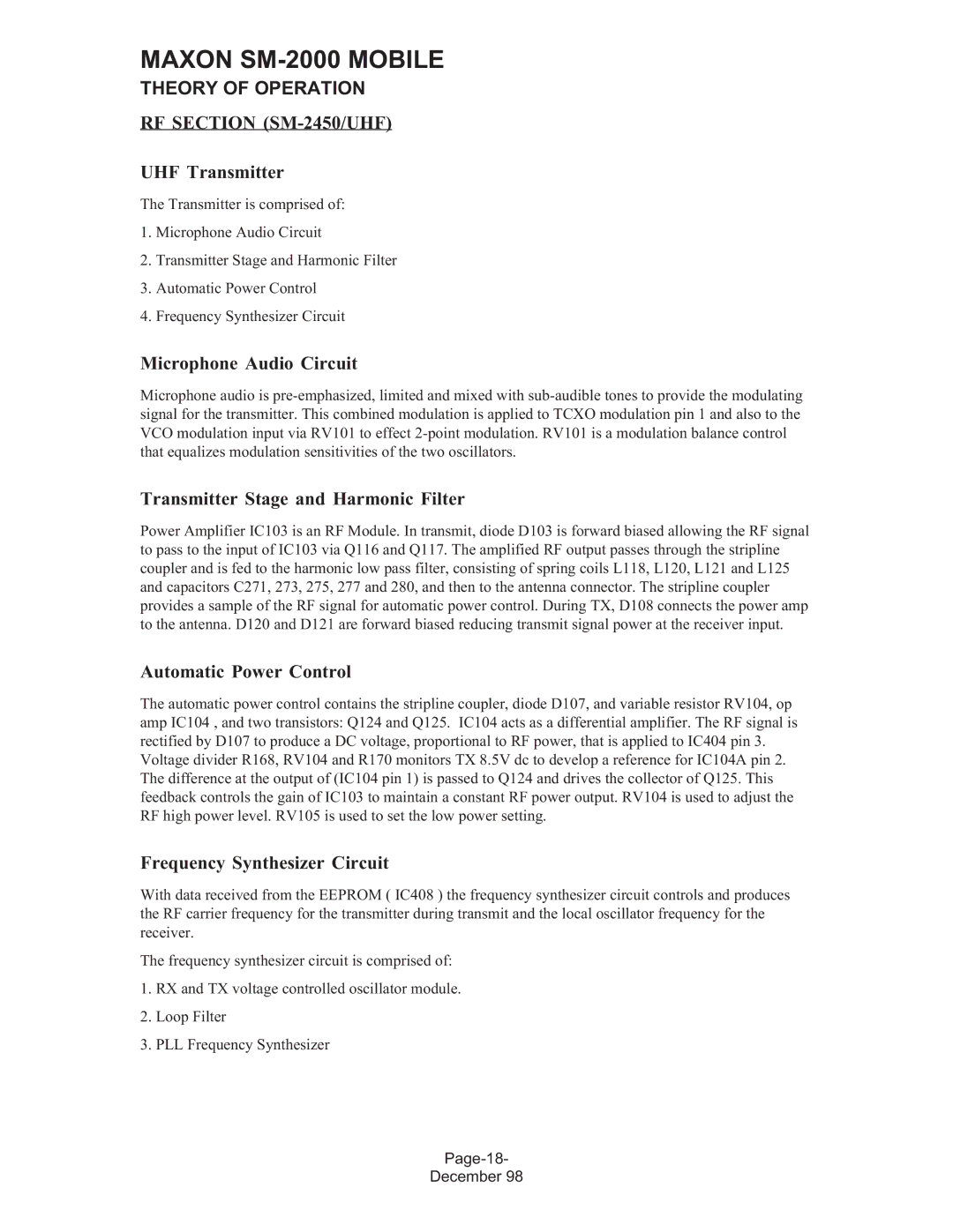 Maxon Telecom SM-2000 service manual RF Section SM-2450/UHF, UHF Transmitter, Frequency Synthesizer Circuit 