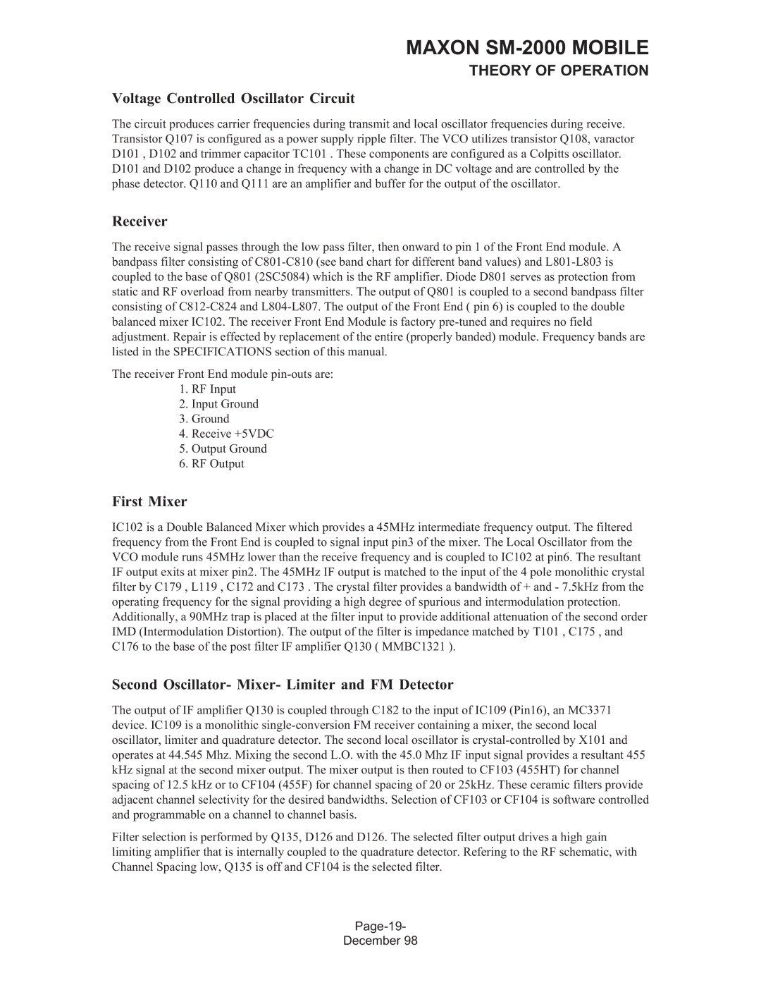 Maxon Telecom SM-2000 service manual Voltage Controlled Oscillator Circuit, First Mixer 