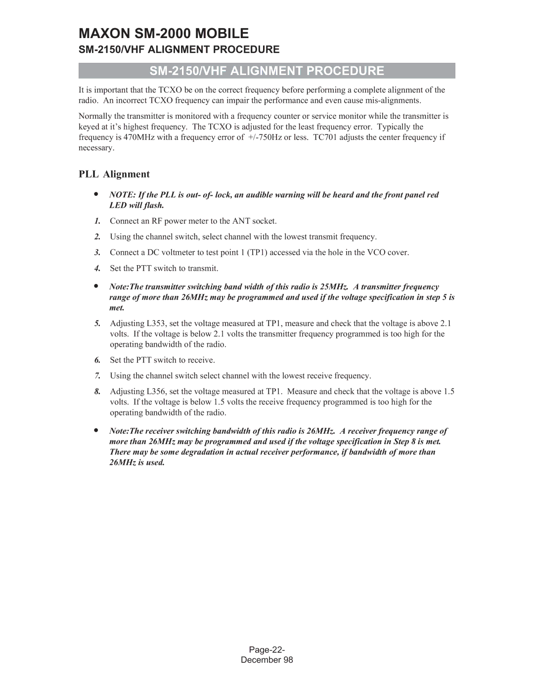 Maxon Telecom SM-2000 service manual SM-2150/VHF Alignment Procedure, PLL Alignment 