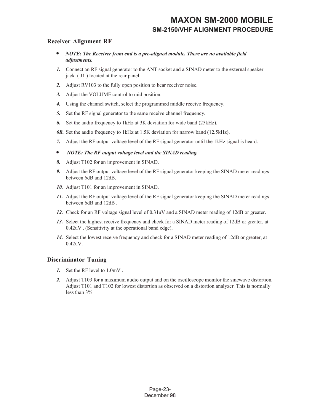 Maxon Telecom SM-2000 service manual Receiver Alignment RF, Discriminator Tuning 