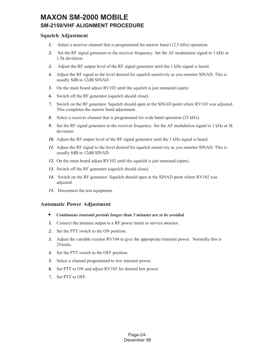 Maxon Telecom SM-2000 service manual Squelch Adjustment, Automatic Power Adjustment 