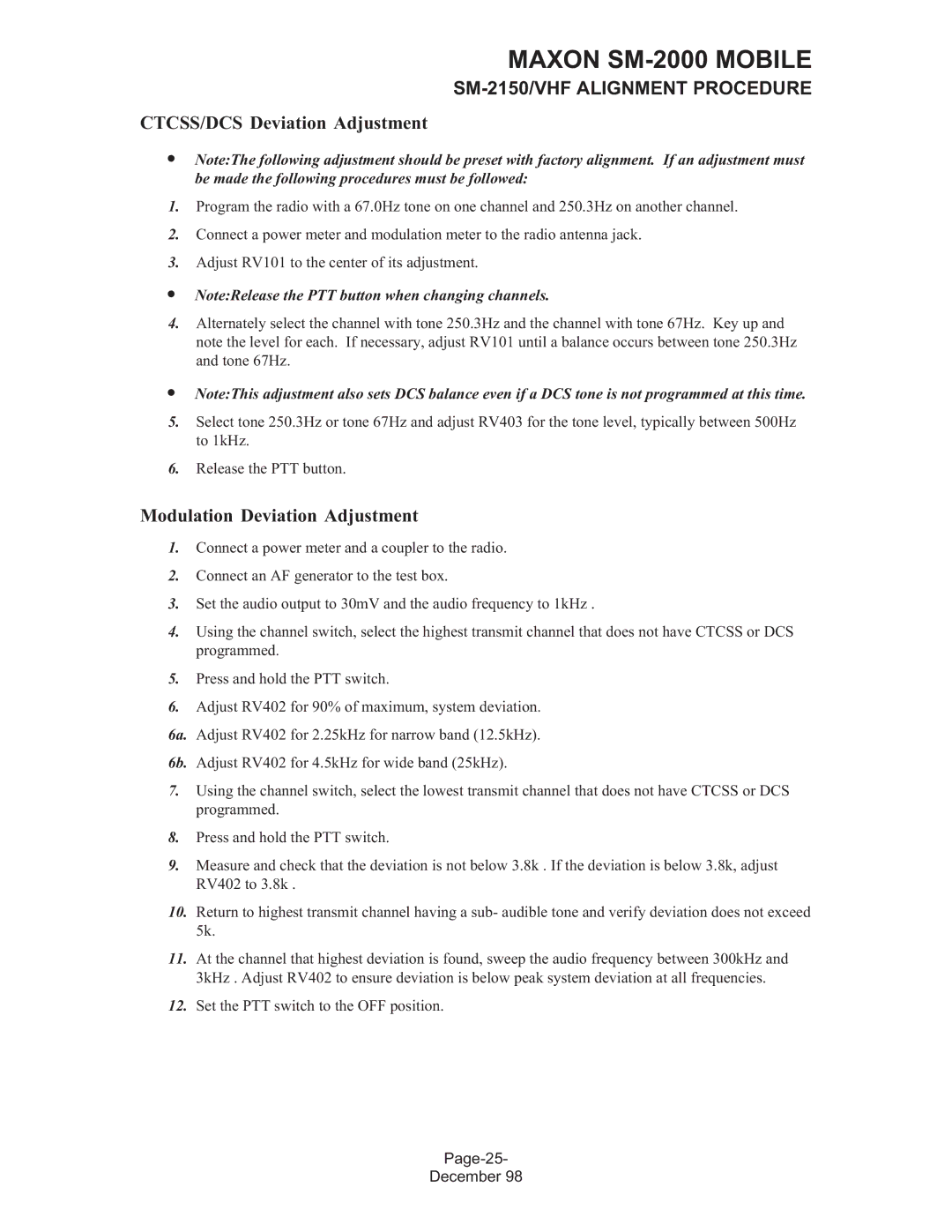 Maxon Telecom SM-2000 service manual CTCSS/DCS Deviation Adjustment, Modulation Deviation Adjustment 