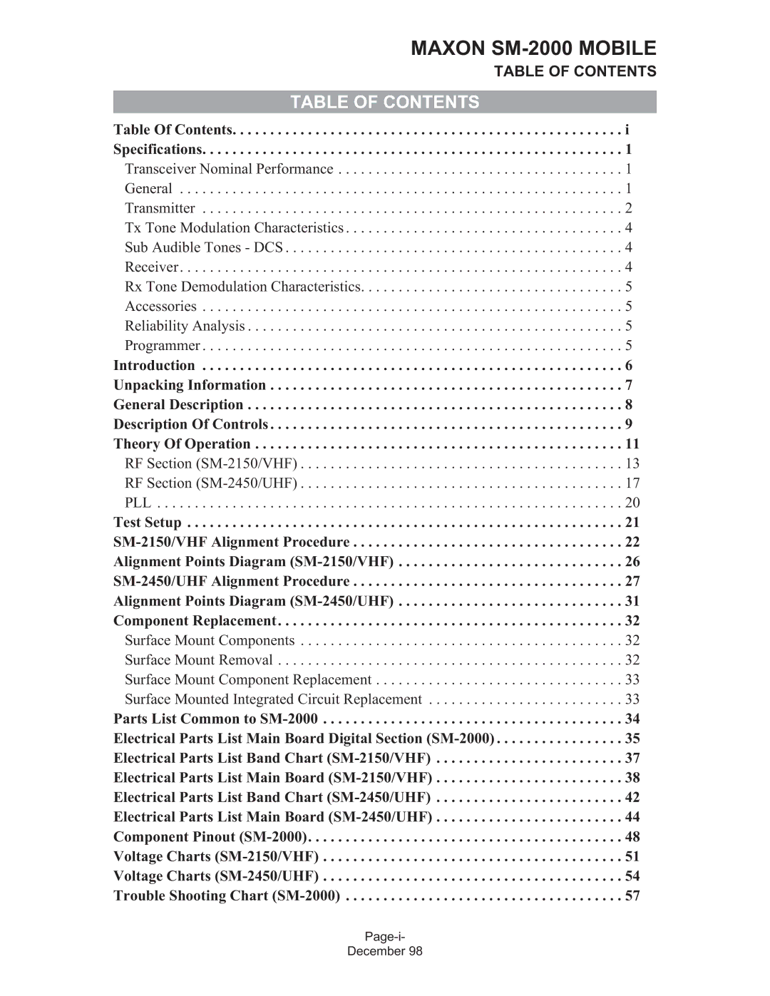 Maxon Telecom service manual Maxon SM-2000 Mobile, Table of Contents 