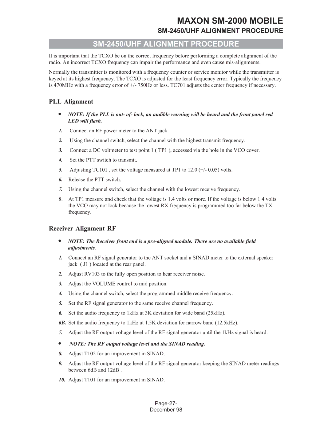 Maxon Telecom SM-2000 service manual SM-2450/UHF Alignment Procedure, PLL Alignment 