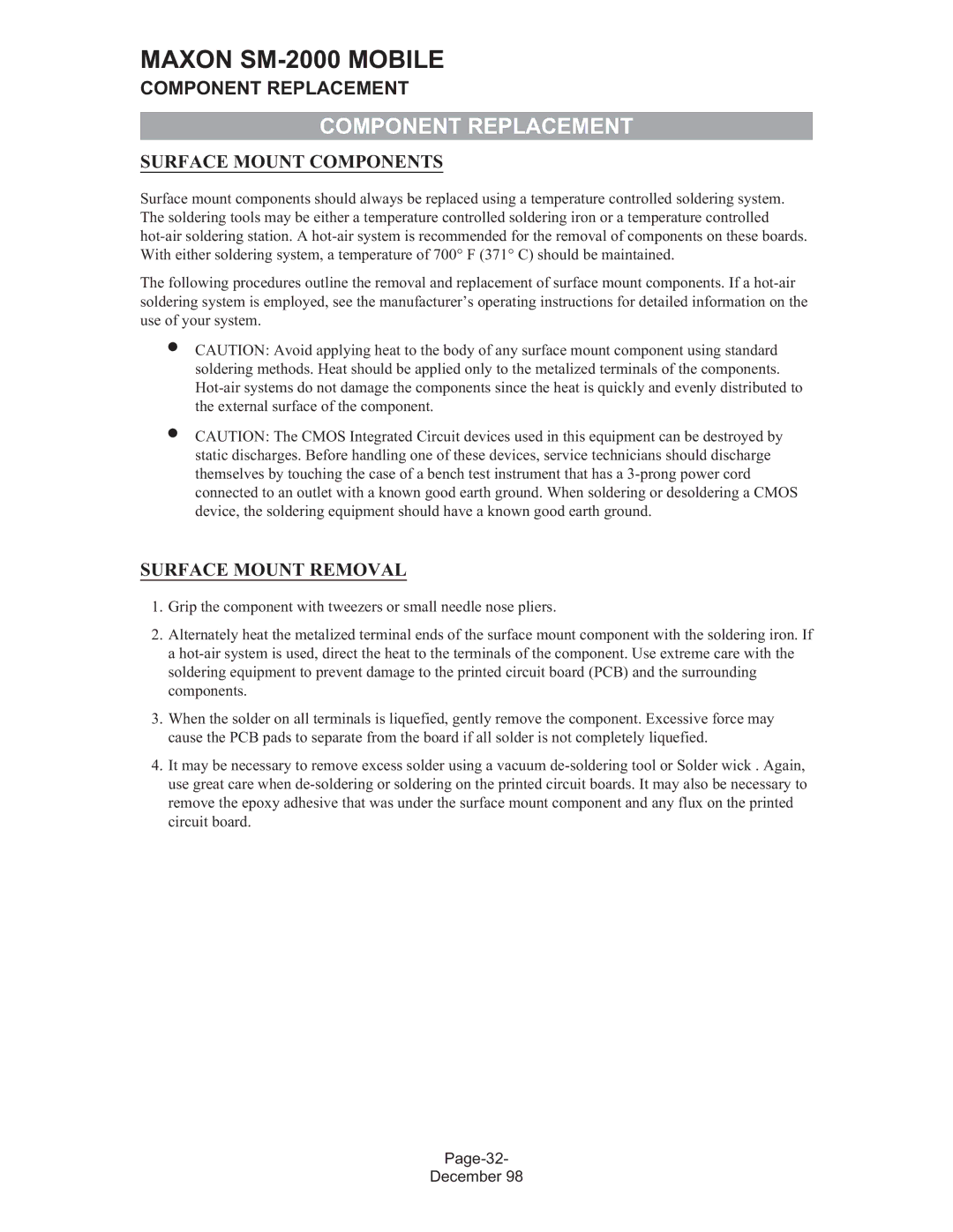 Maxon Telecom SM-2000 service manual Component Replacement, Surface Mount Components, Surface Mount Removal 