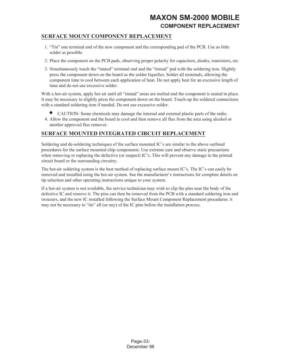 Maxon Telecom SM-2000 service manual Surface Mount Component Replacement, Surface Mounted Integrated Circuit Replacement 