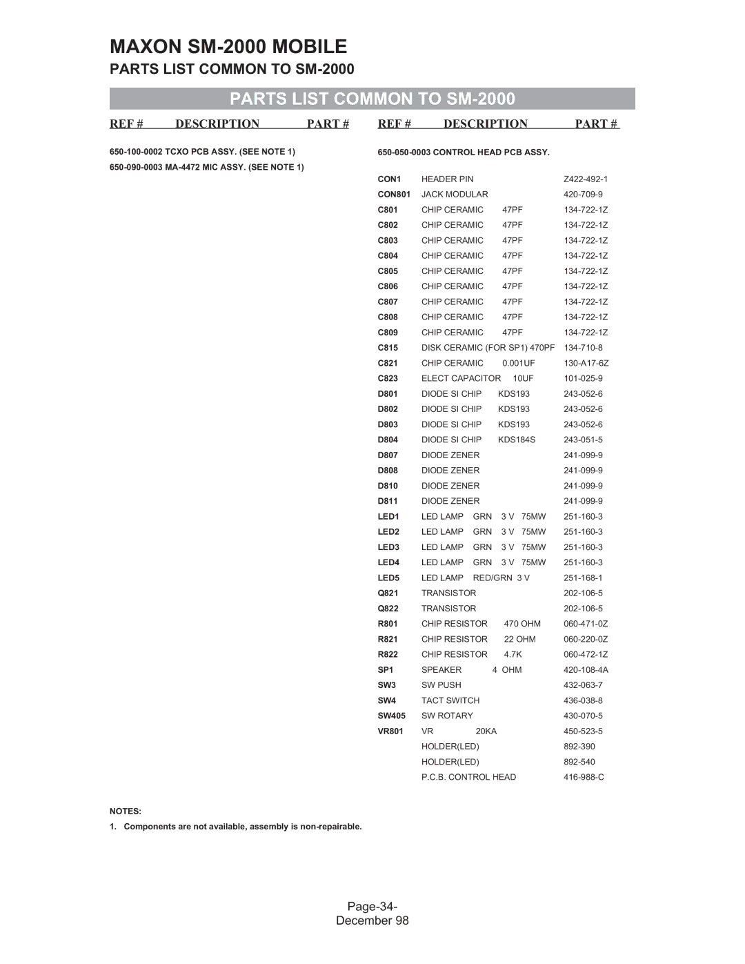 Maxon Telecom service manual Parts List Common to SM-2000, REF # Description 