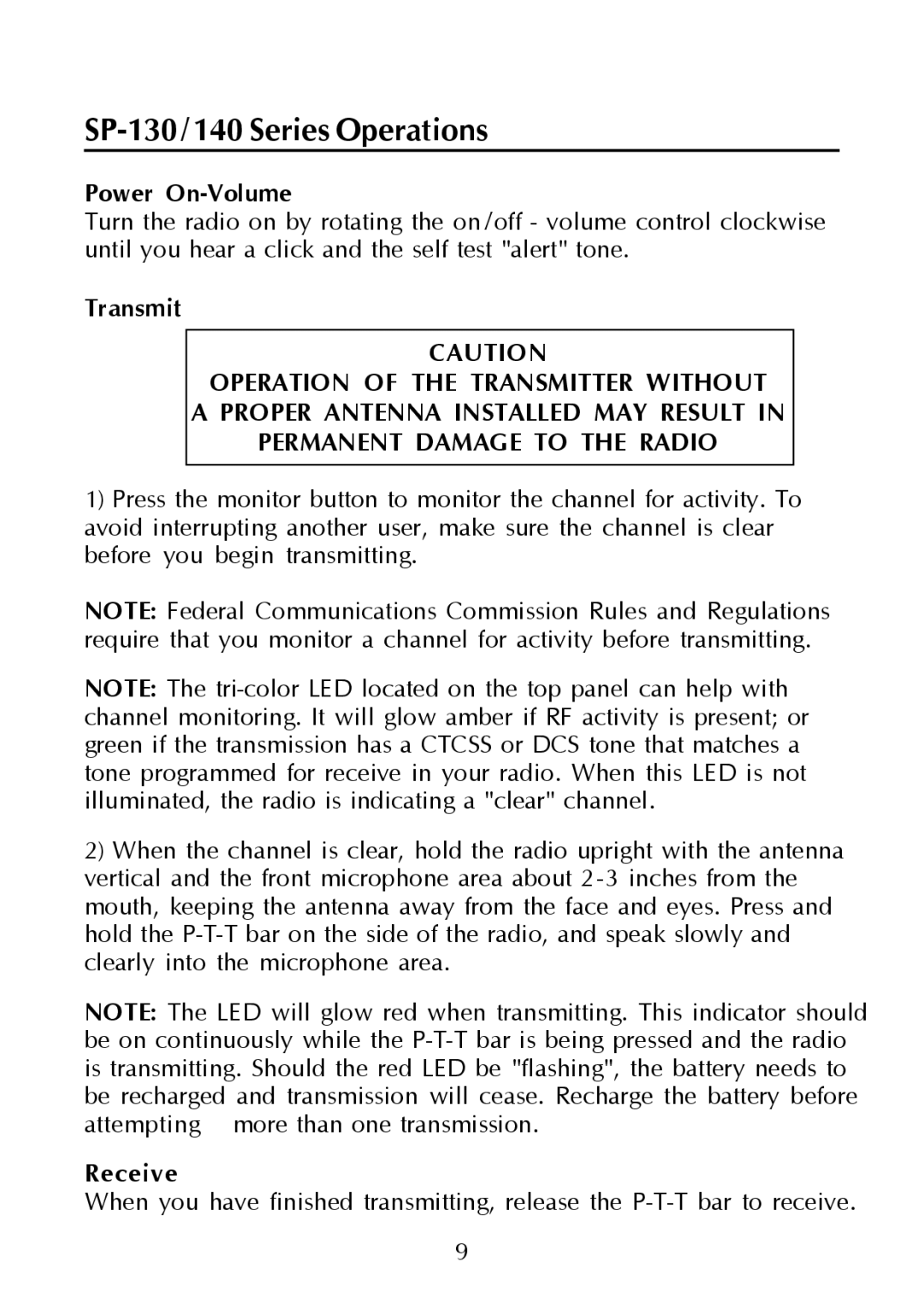 Maxon Telecom SP-140 operating instructions SP-130/140 Series Operations, Power On-Volume, Transmit, Receive 