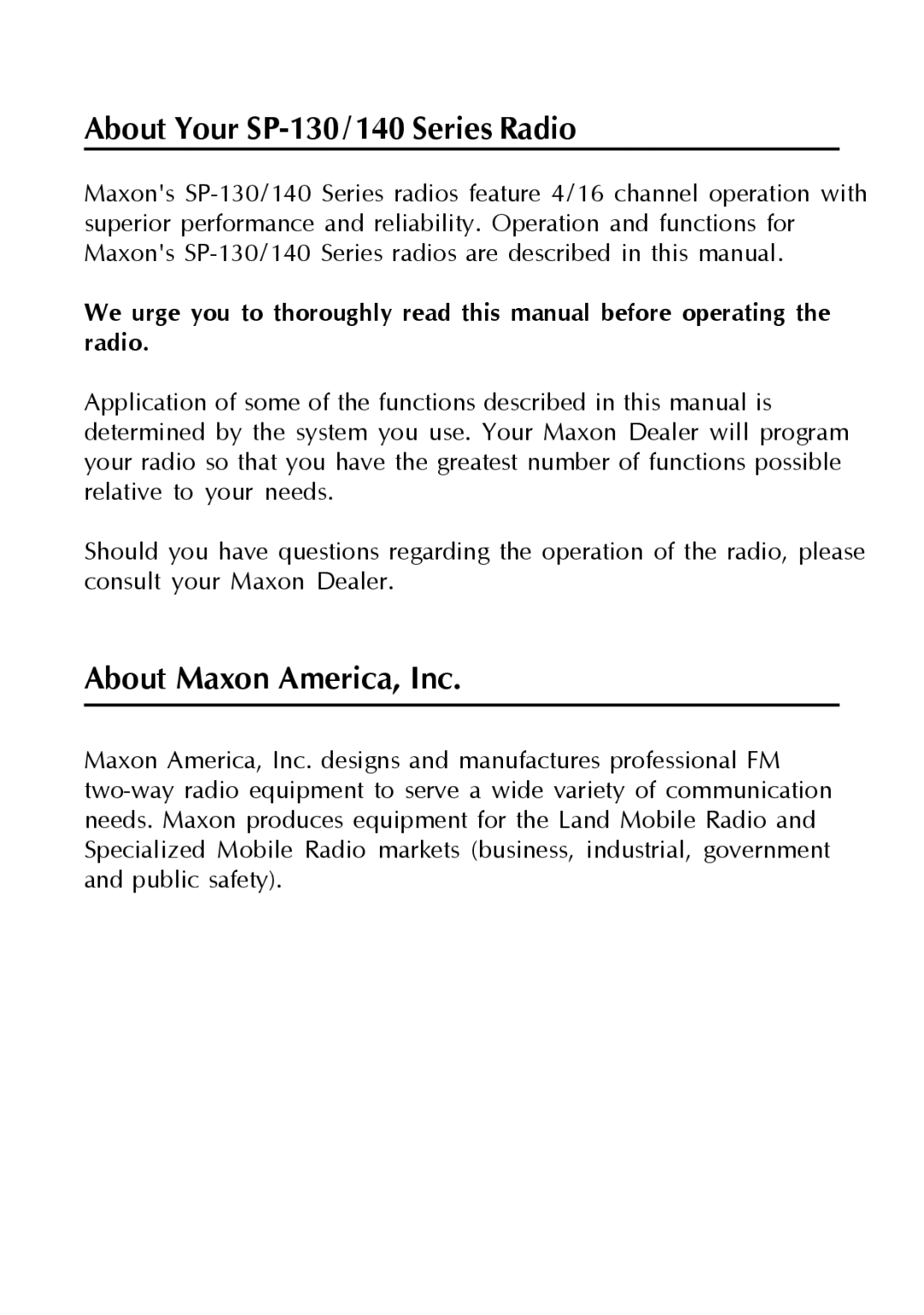 Maxon Telecom SP-140 operating instructions About Your SP-130/140 Series Radio, About Maxon America, Inc 