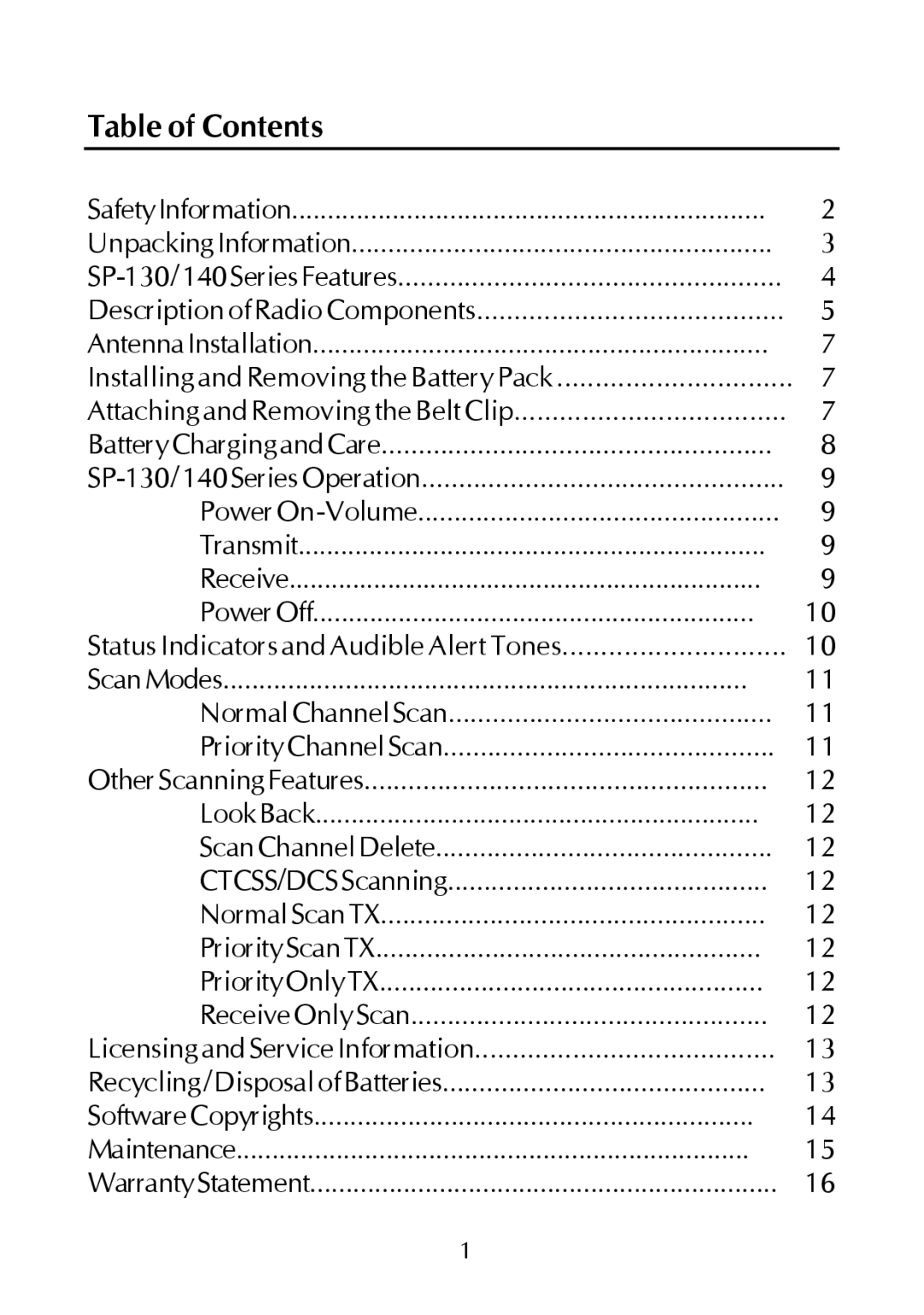 Maxon Telecom SP-130, SP-140 operating instructions Table of Contents 