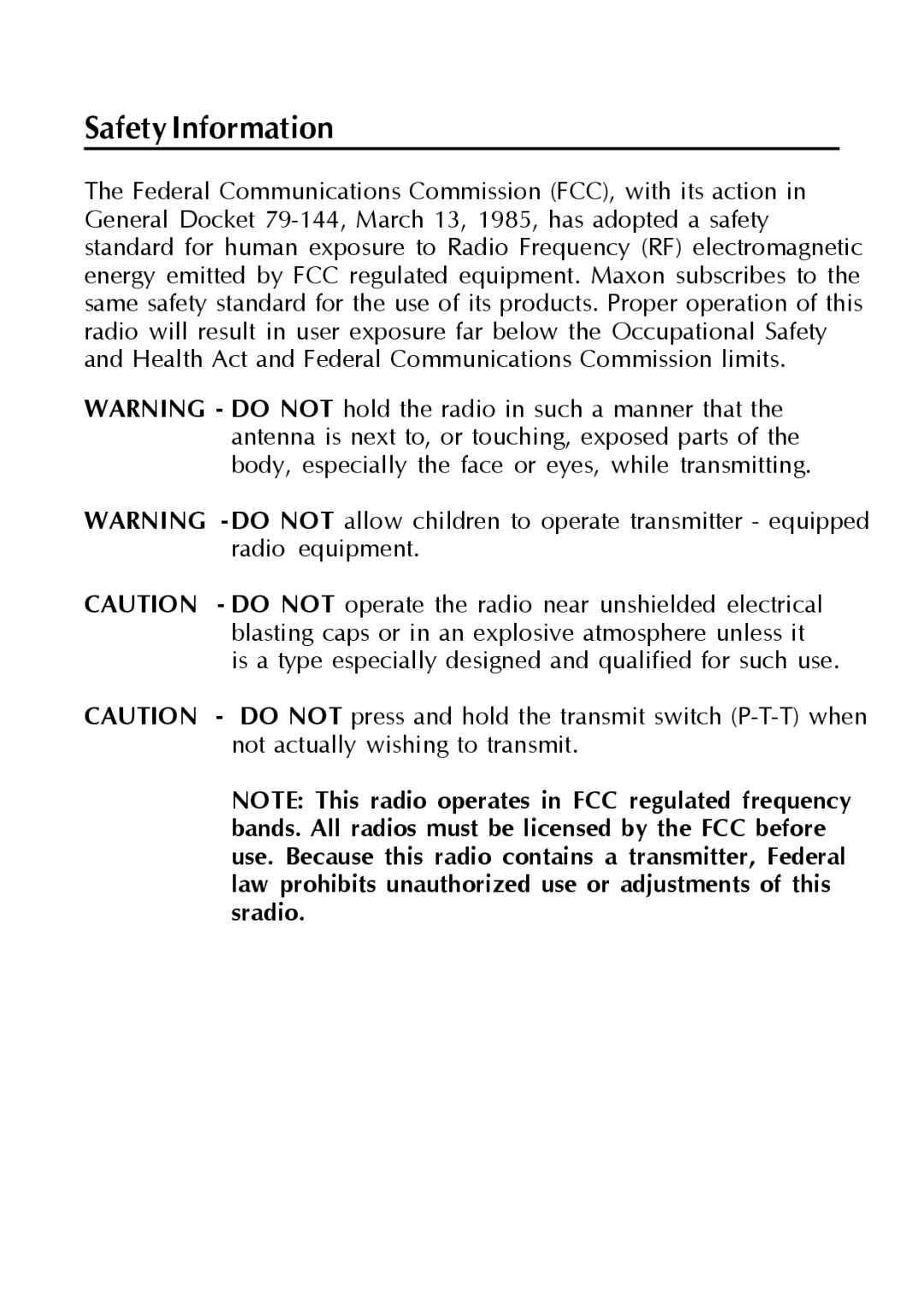 Maxon Telecom SP-140, SP-130 operating instructions Safety Information 