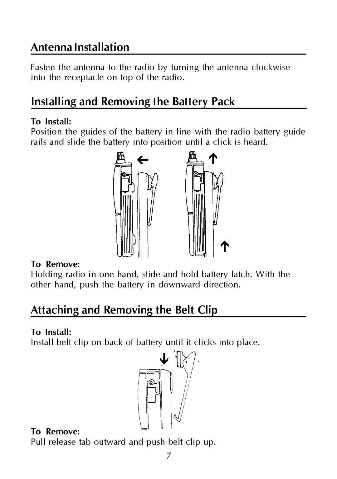 Maxon Telecom SP-130 Antenna Installation, Installing and Removing the Battery Pack, Attaching and Removing the Belt Clip 