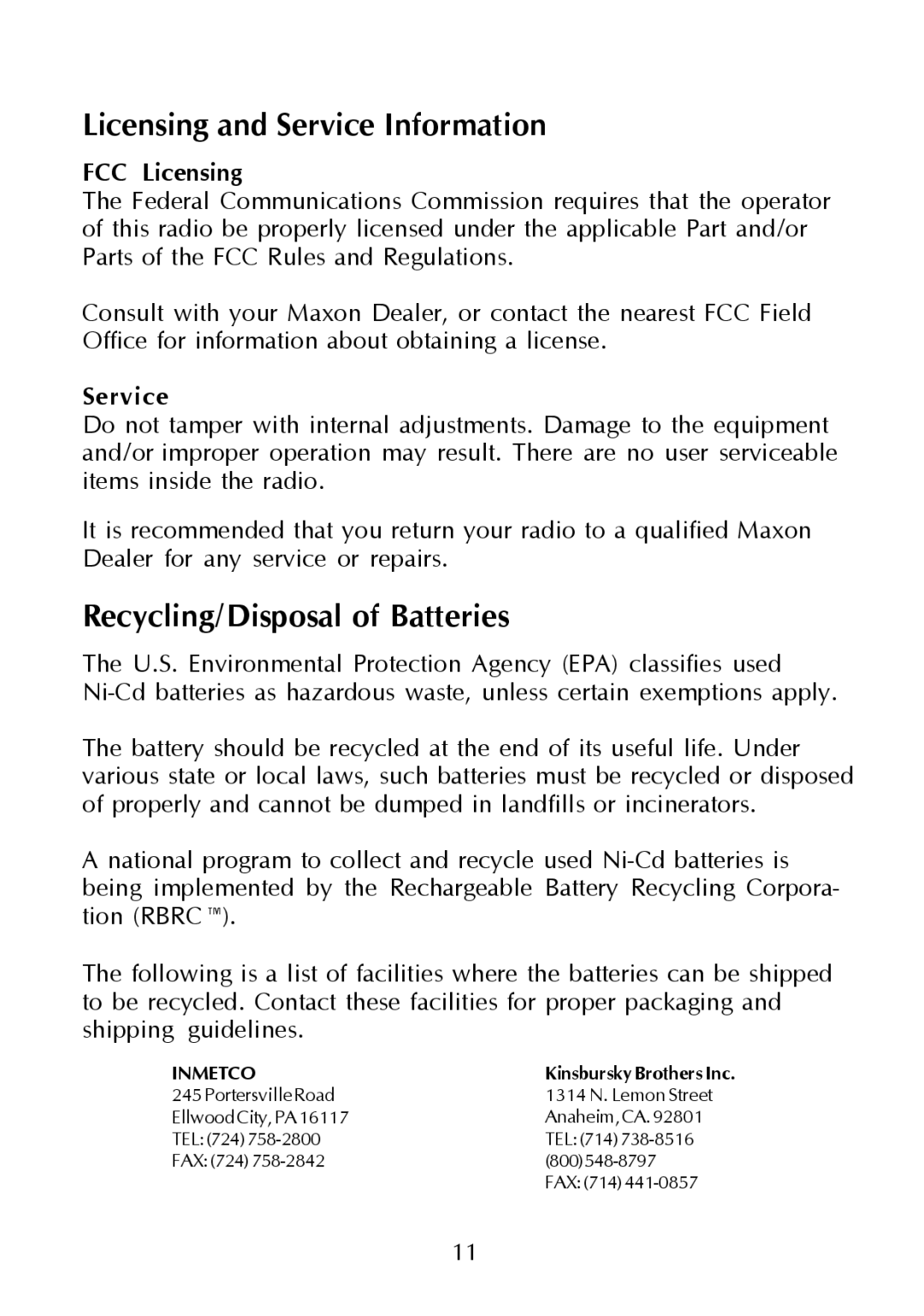 Maxon Telecom SP-320, SP-330 & SP-340 Licensing and Service Information, Recycling/Disposal of Batteries, FCC Licensing 