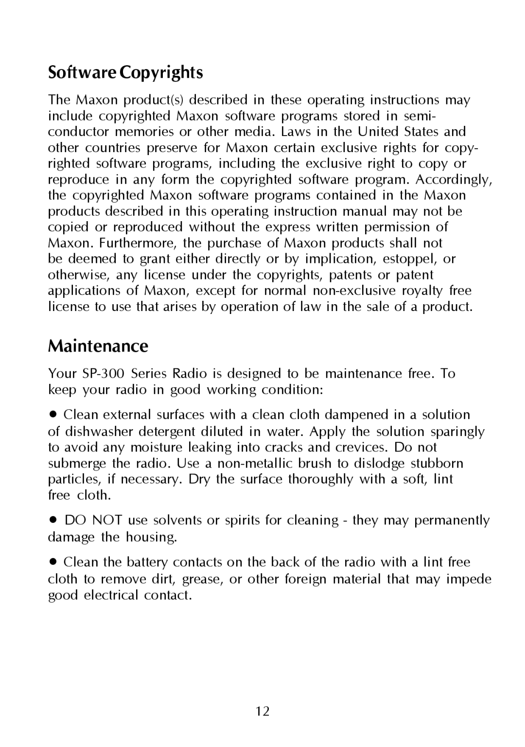 Maxon Telecom SP-310, SP-330 & SP-340, SP-320, SP-300 Series Synthesized Scanning Radio Software Copyrights, Maintenance 