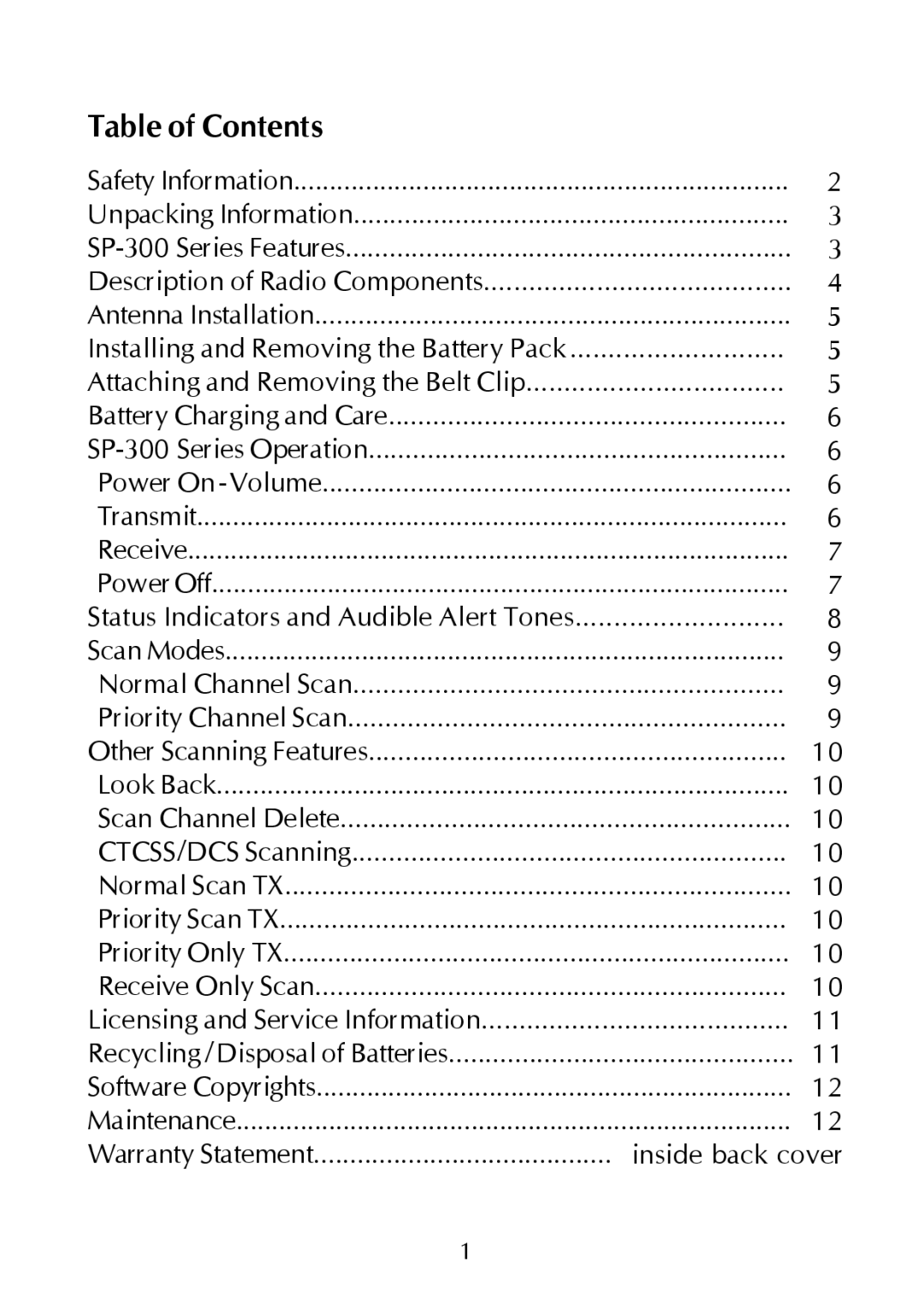 Maxon Telecom SP-300 Series Synthesized Scanning Radio, SP-330 & SP-340, SP-320, SP-310 manual Table of Contents 