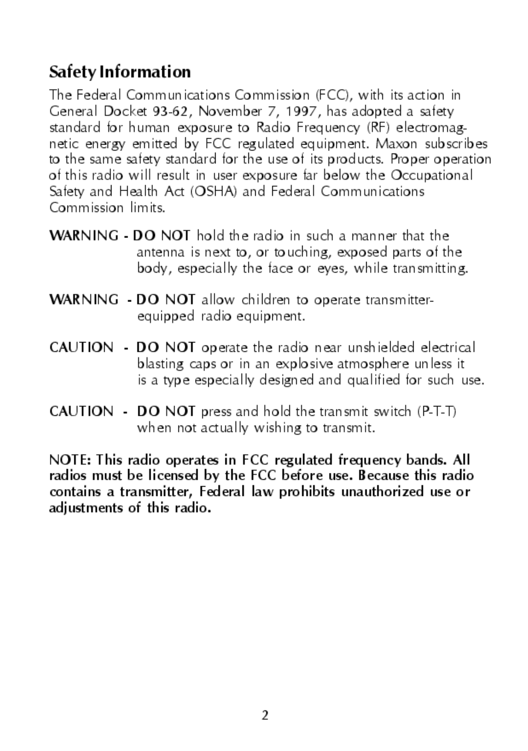 Maxon Telecom SP-330 & SP-340, SP-320, SP-310, SP-300 Series Synthesized Scanning Radio manual Safety Information 