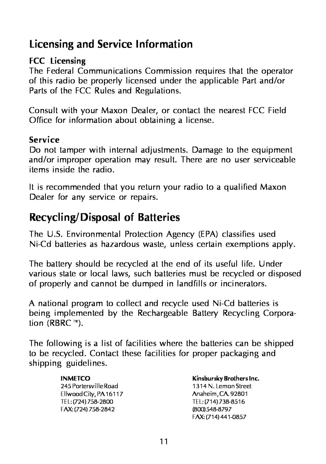 Maxon Telecom SP-320, SP-330 & SP-340 Licensing and Service Information, Recycling/Disposal of Batteries, FCC Licensing 