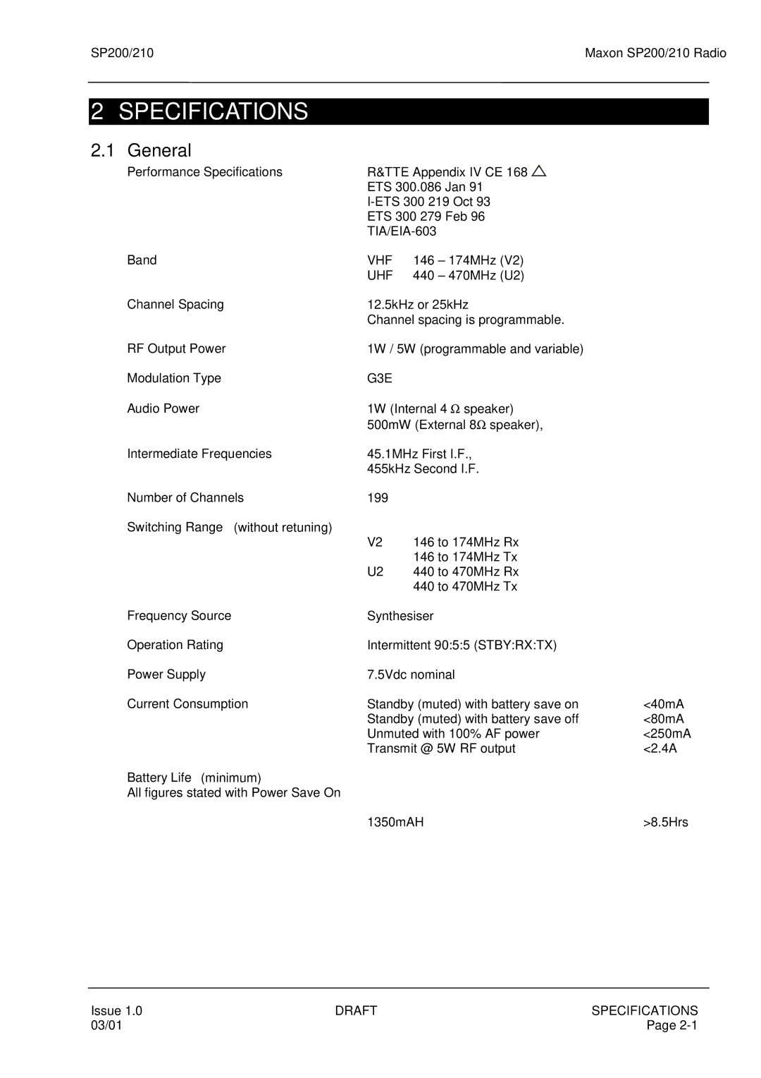 Maxon Telecom SP200, SP210 service manual Specifications, General 