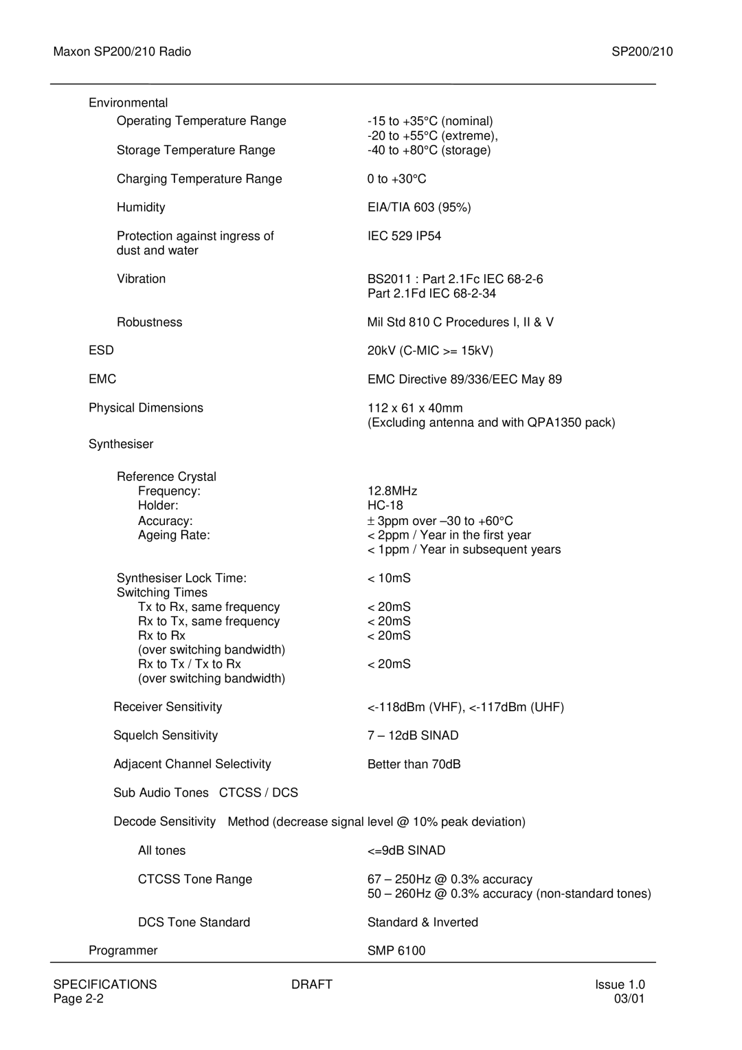 Maxon Telecom SP210, SP200 Environmental Operating Temperature Range, Vibration, Esd Emc, Physical Dimensions Synthesiser 