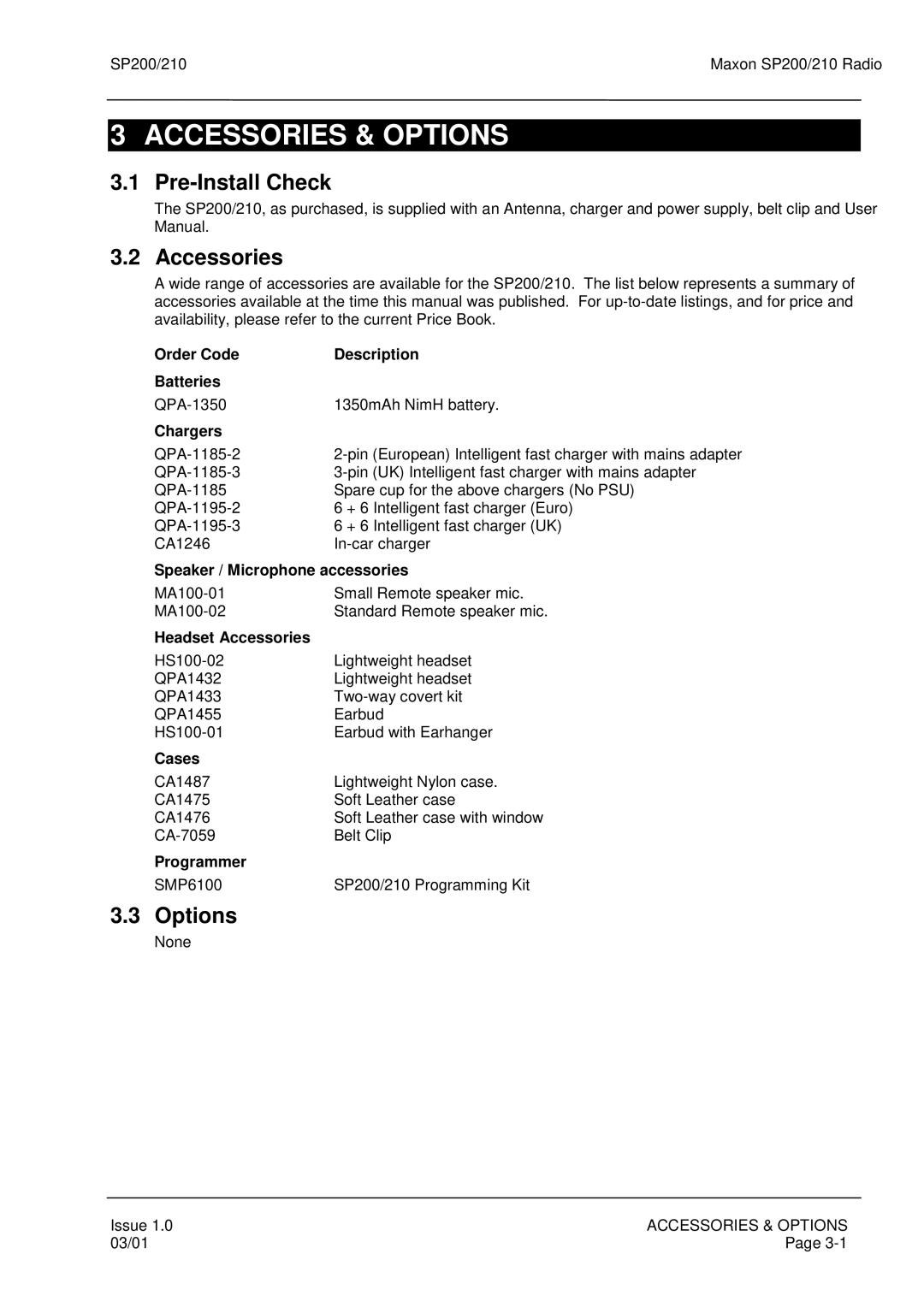 Maxon Telecom SP200, SP210 service manual Accessories & Options, Pre-Install Check Accessories 