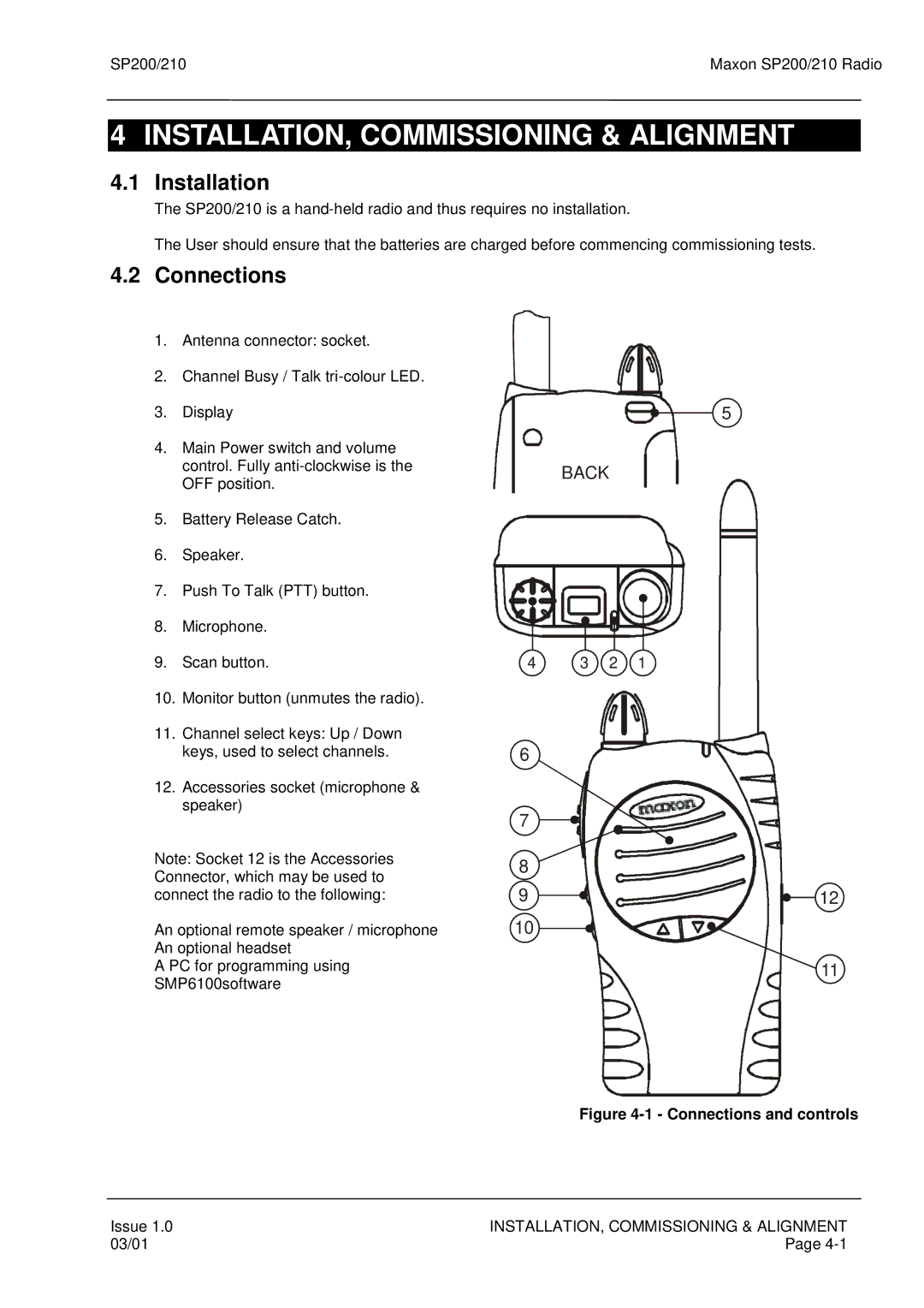 Maxon Telecom SP200, SP210 service manual INSTALLATION, Commissioning & Alignment, Installation, Connections 