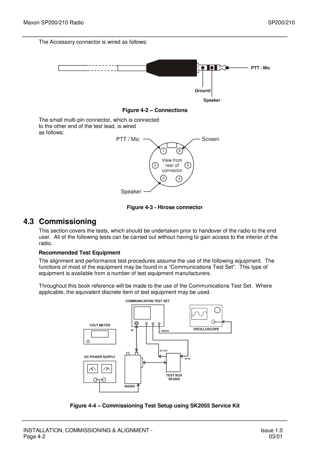 Maxon Telecom SP210, SP200 service manual Commissioning, Recommended Test Equipment 