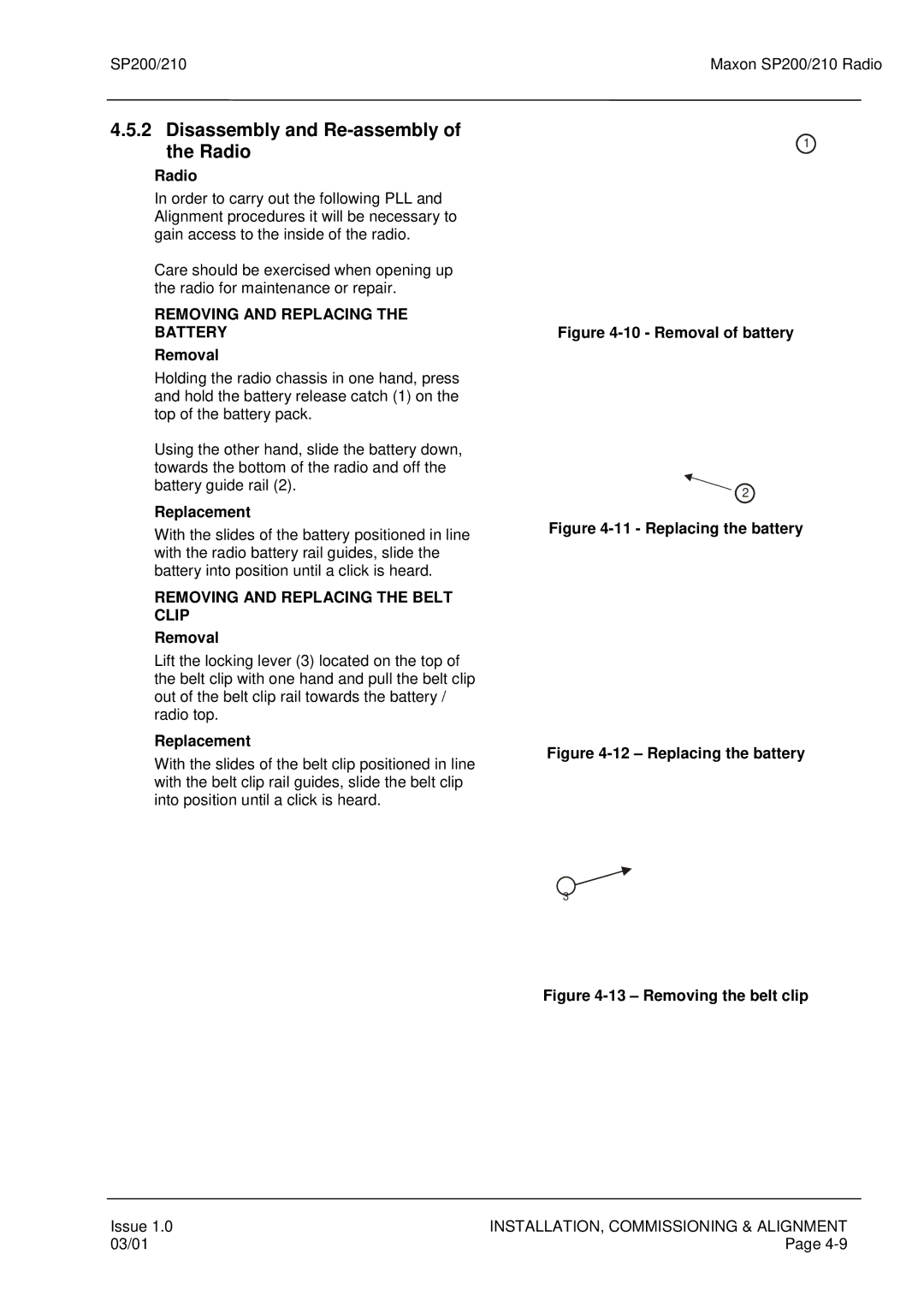 Maxon Telecom SP200, SP210 service manual Disassembly and Re-assembly of the Radio, Removing and Replacing Battery 