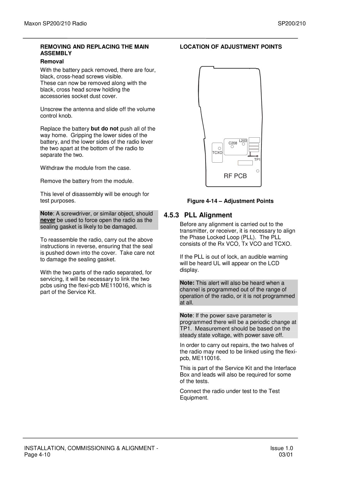 Maxon Telecom SP210, SP200 PLL Alignment, Removing and Replacing the Main Assembly, Location of Adjustment Points 