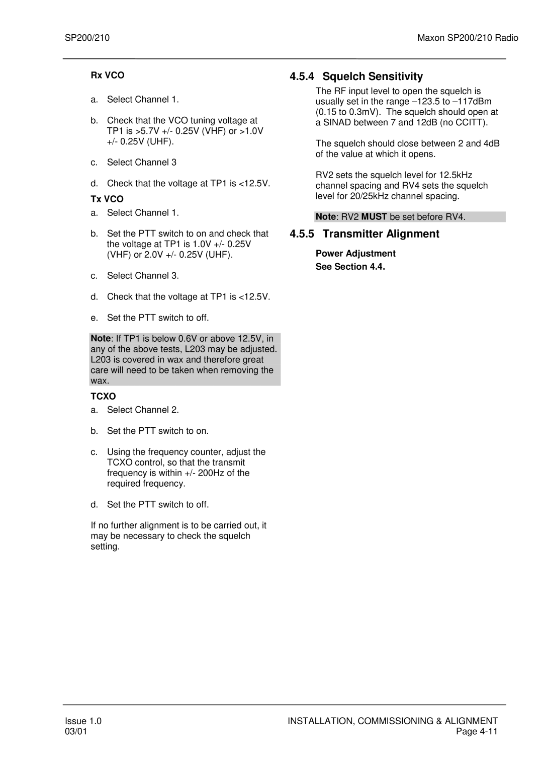 Maxon Telecom SP200, SP210 service manual Squelch Sensitivity, Transmitter Alignment, Tcxo 