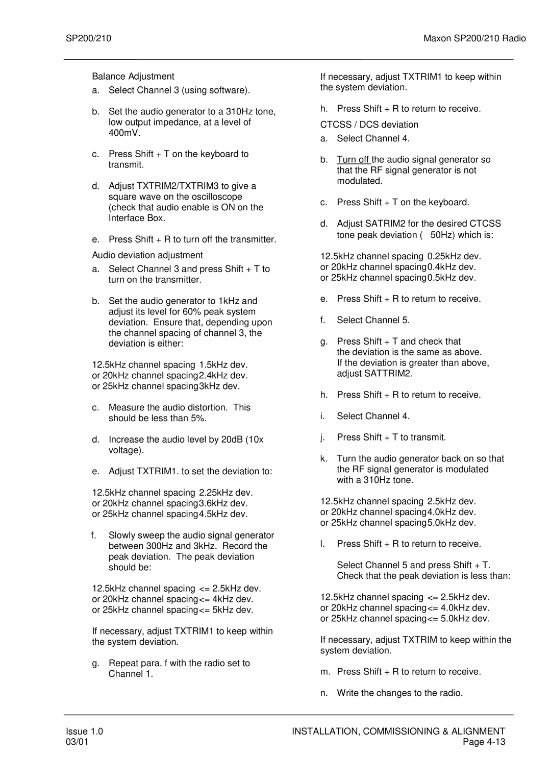 Maxon Telecom SP200, SP210 service manual Balance Adjustment, Audio deviation adjustment, Ctcss / DCS deviation 