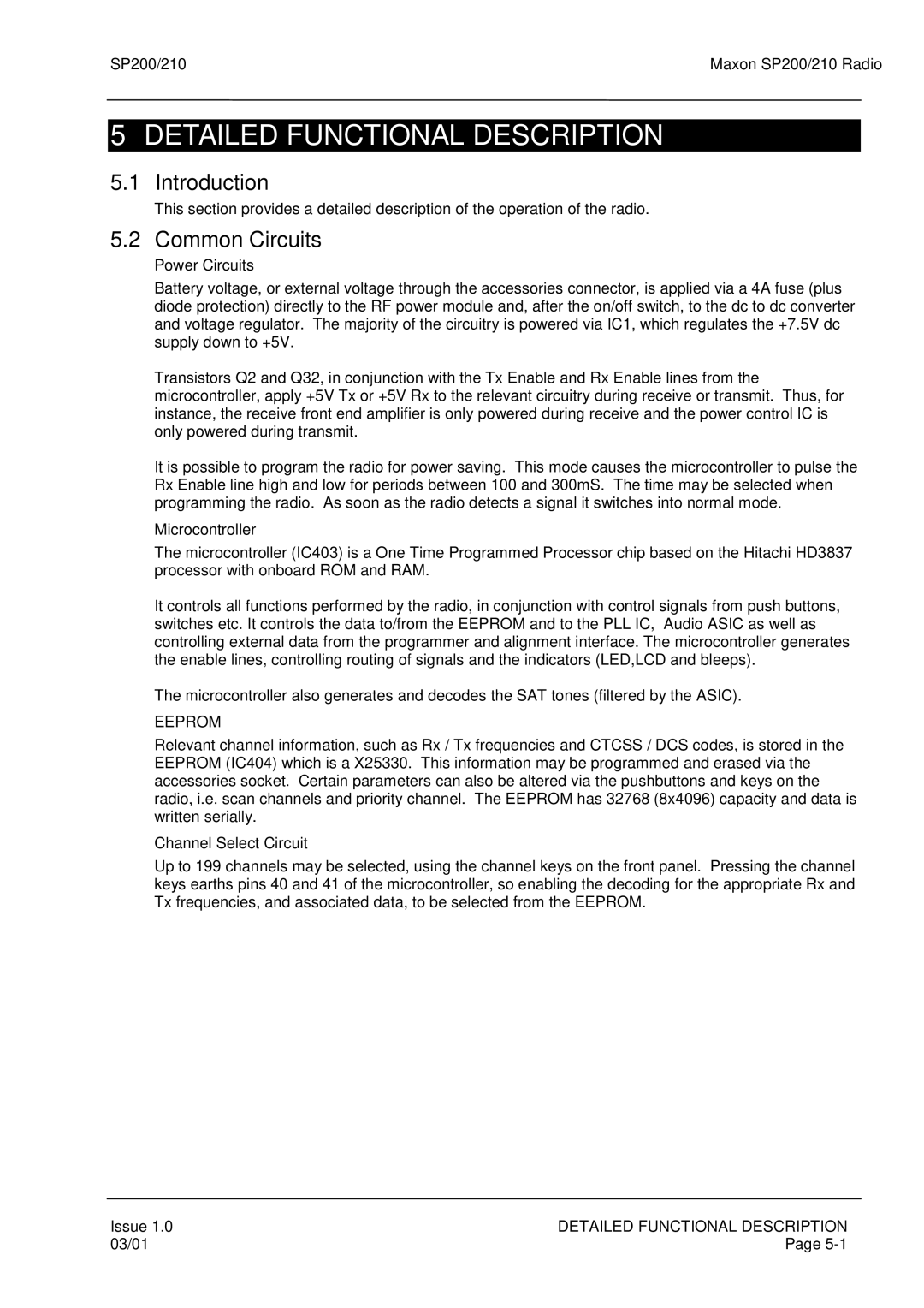 Maxon Telecom SP200, SP210 service manual Detailed Functional Description, Introduction, Common Circuits, Eeprom 