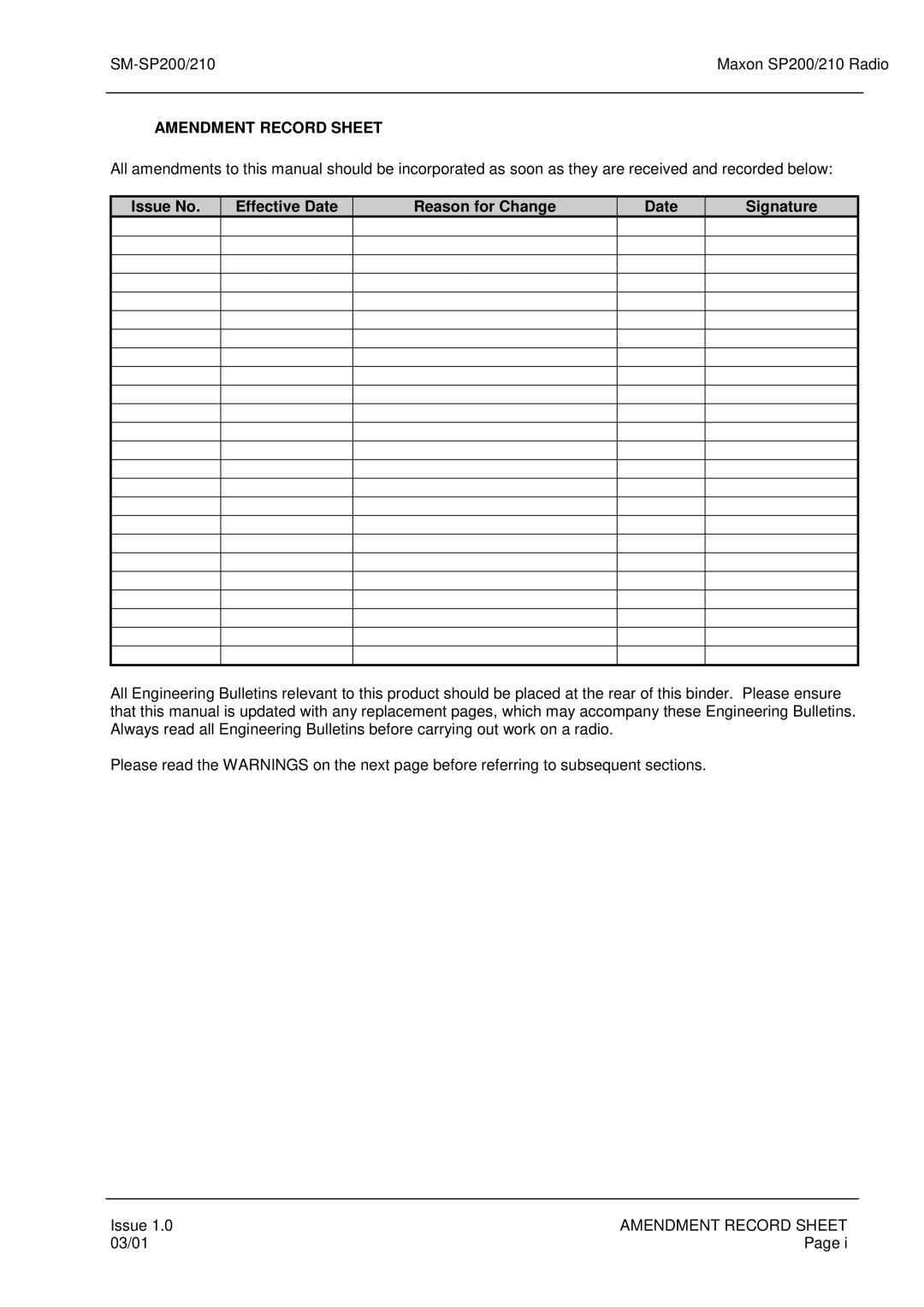 Maxon Telecom SP200, SP210 service manual Amendment Record Sheet, Issue No Effective Date Reason for Change Signature 