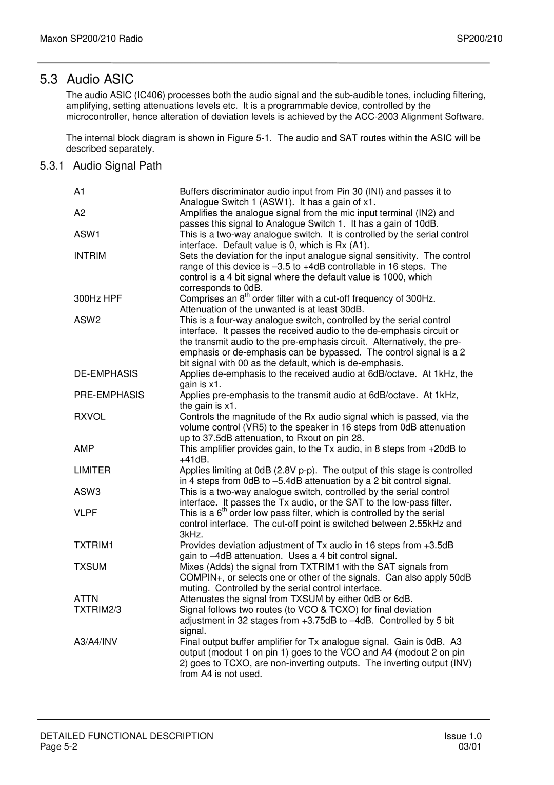 Maxon Telecom SP210, SP200 service manual Audio Asic, Audio Signal Path 