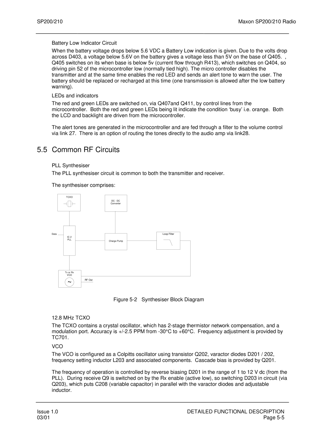 Maxon Telecom SP200, SP210 Common RF Circuits, Battery Low Indicator Circuit, LEDs and indicators, PLL Synthesiser, Vco 