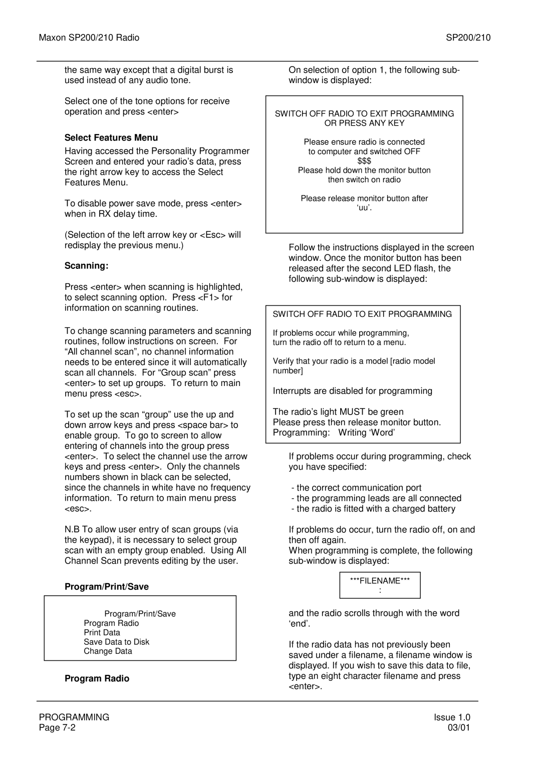 Maxon Telecom SP210, SP200 service manual Select Features Menu, Scanning, Program/Print/Save, Program Radio 