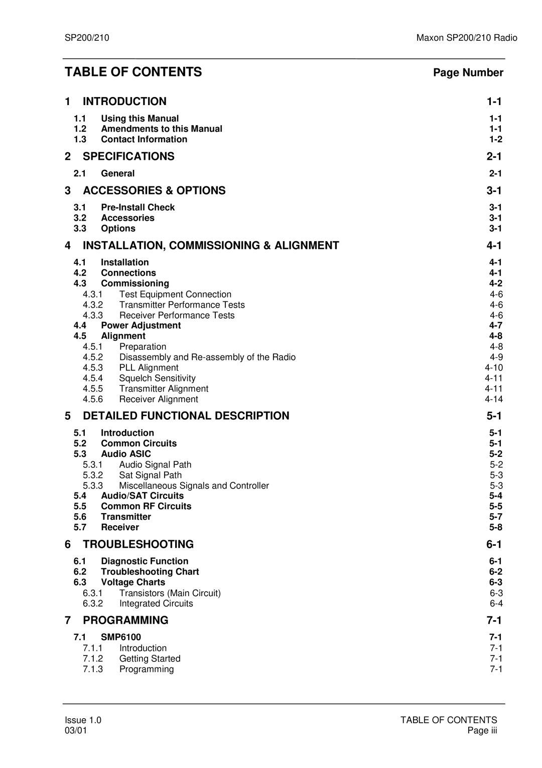 Maxon Telecom SP200, SP210 service manual Table of Contents 