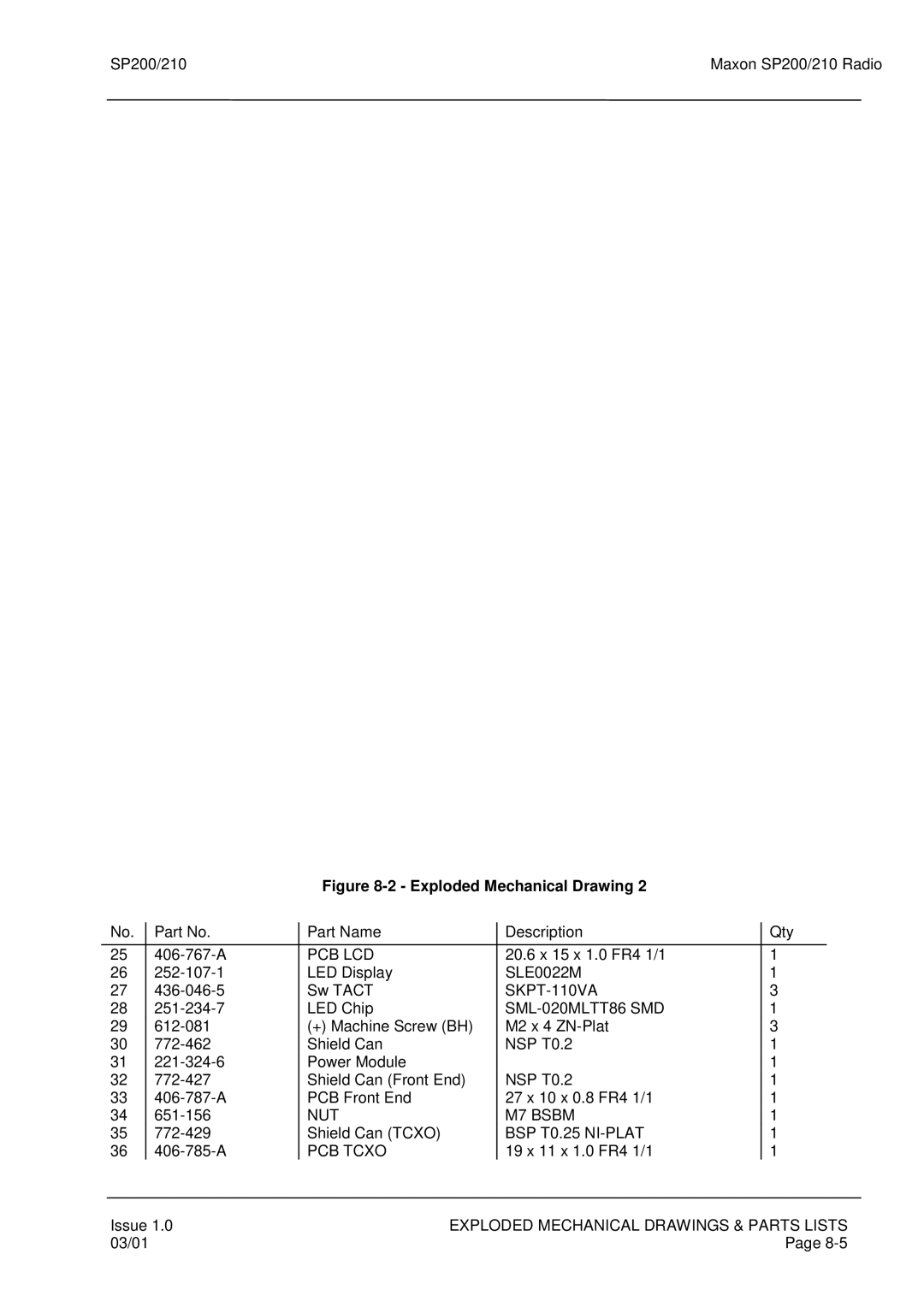 Maxon Telecom SP200, SP210 service manual Pcb Lcd, SKPT-110VA, SML-020MLTT86 SMD, NUT M7 Bsbm, BSP T0.25 NI-PLAT, PCB Tcxo 