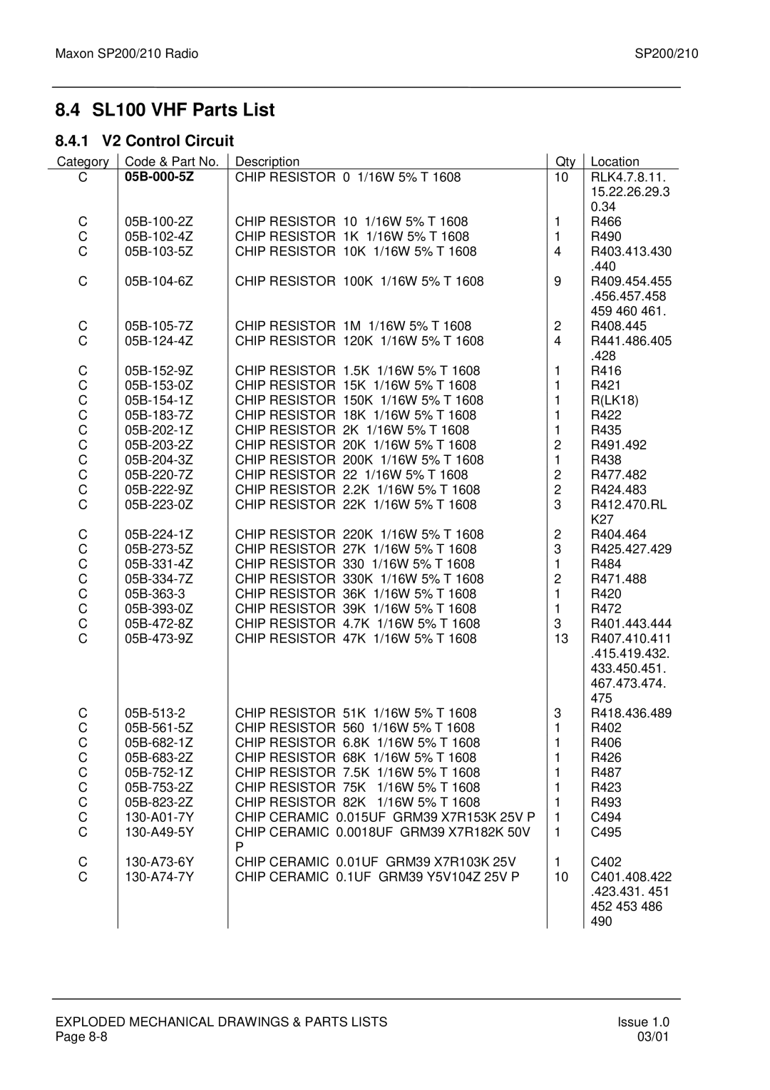 Maxon Telecom SP210, SP200 service manual SL100 VHF Parts List, V2 Control Circuit, 05B-000-5Z 