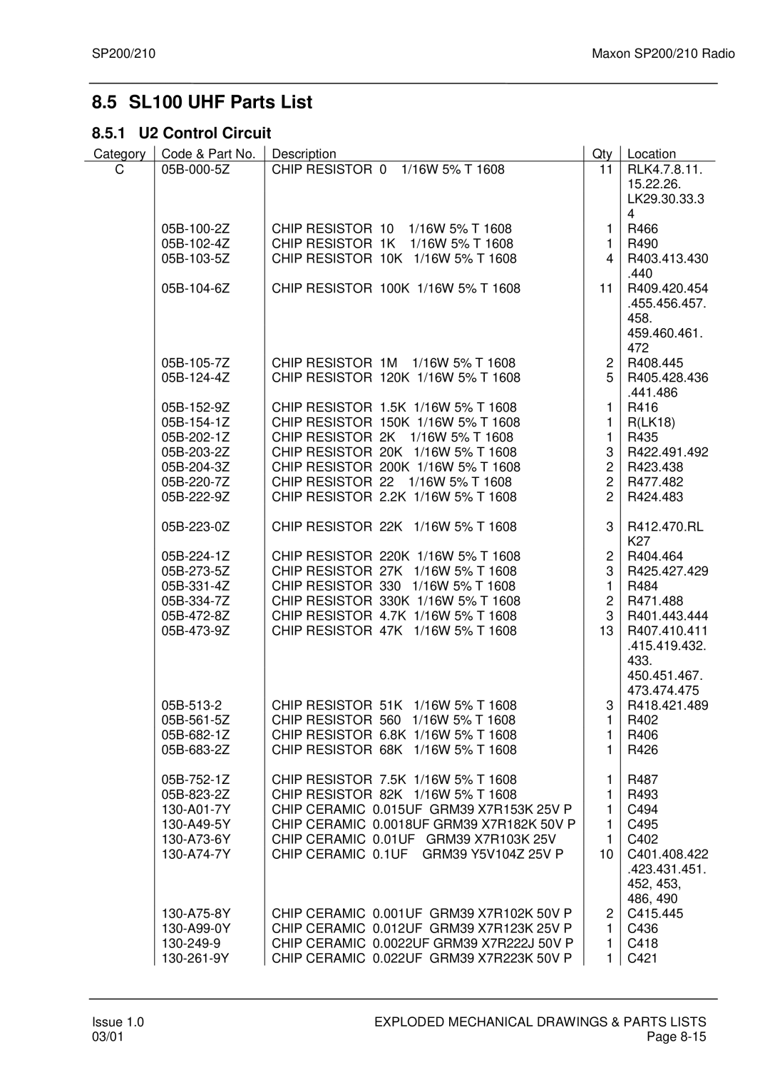 Maxon Telecom SP200, SP210 service manual SL100 UHF Parts List, U2 Control Circuit 