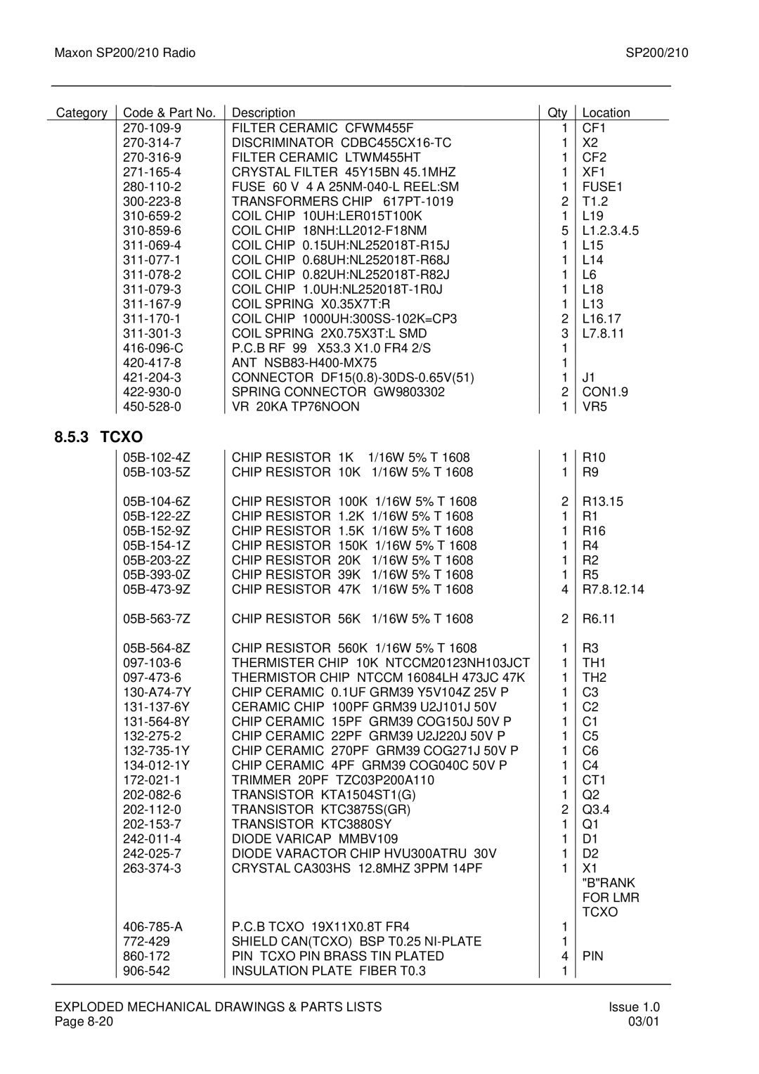 Maxon Telecom SP210, SP200 Tcxo, Coil Chip 18NHLL2012-F18NM, Coil Spring X0.35X7TR, Coil Spring 2X0.75X3TL SMD 