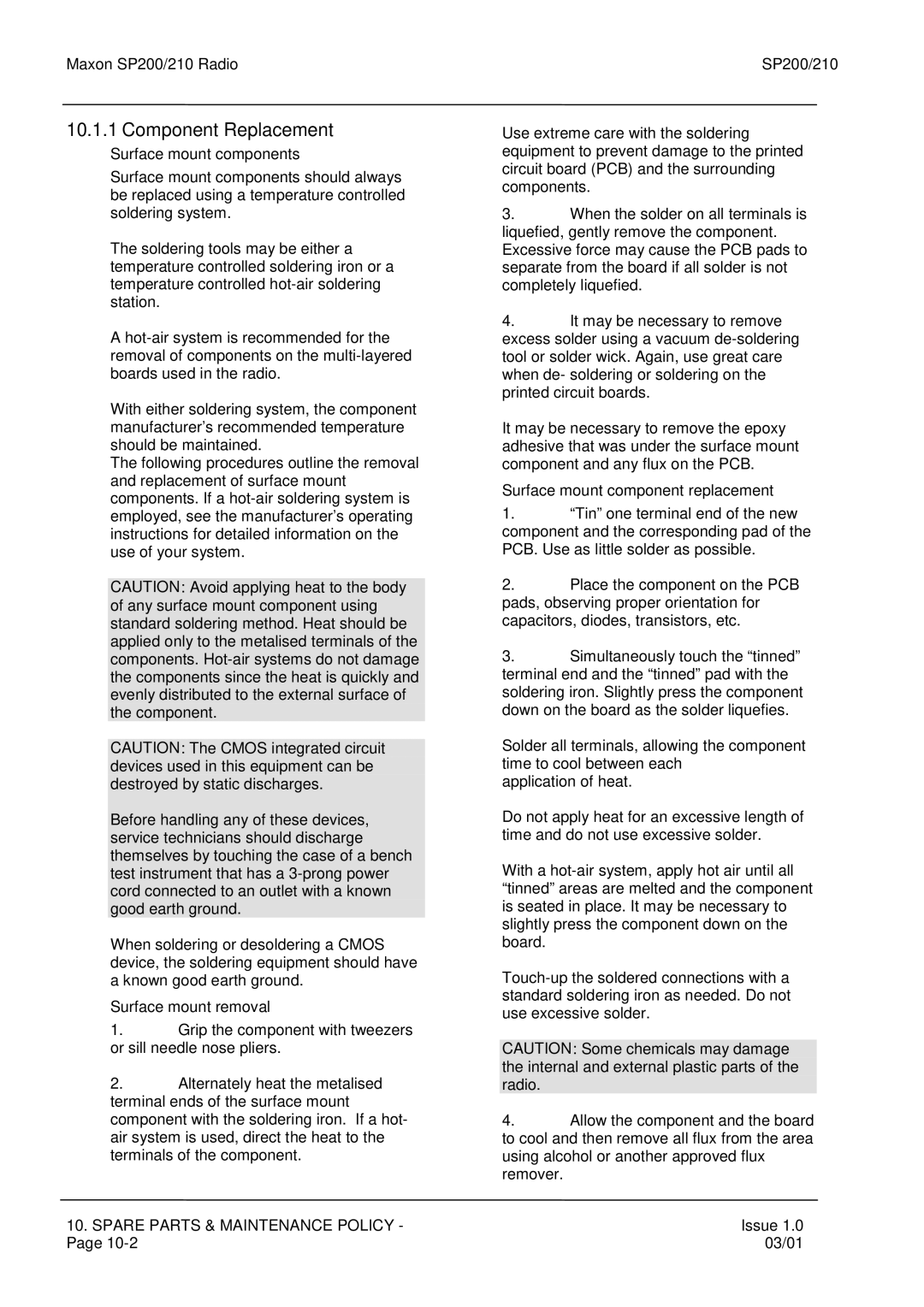 Maxon Telecom SP210, SP200 service manual Component Replacement, Surface mount components, Surface mount removal 